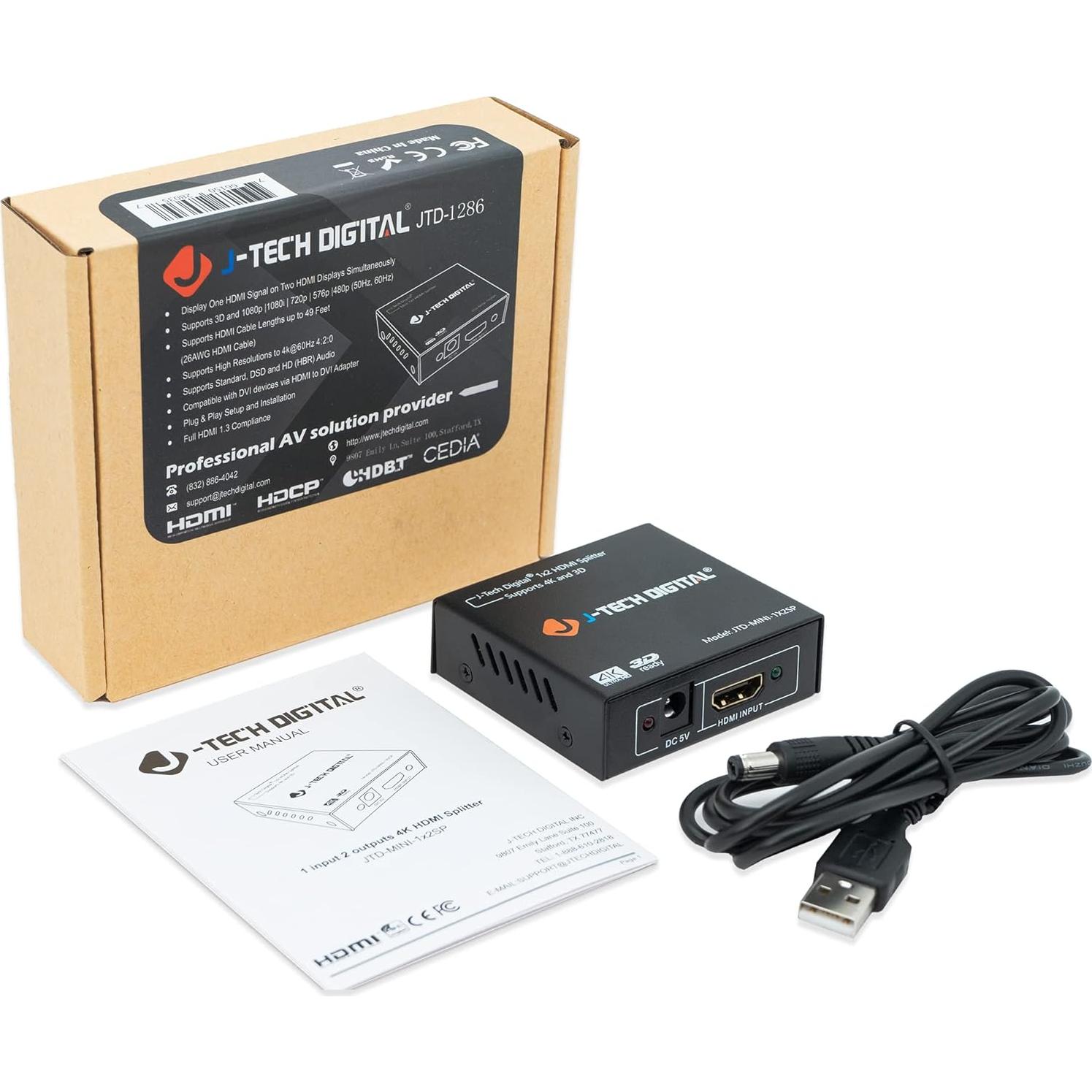 Divisor HDMI 4K J-Tech Digital JTD-MINI-1x2SP 1x2