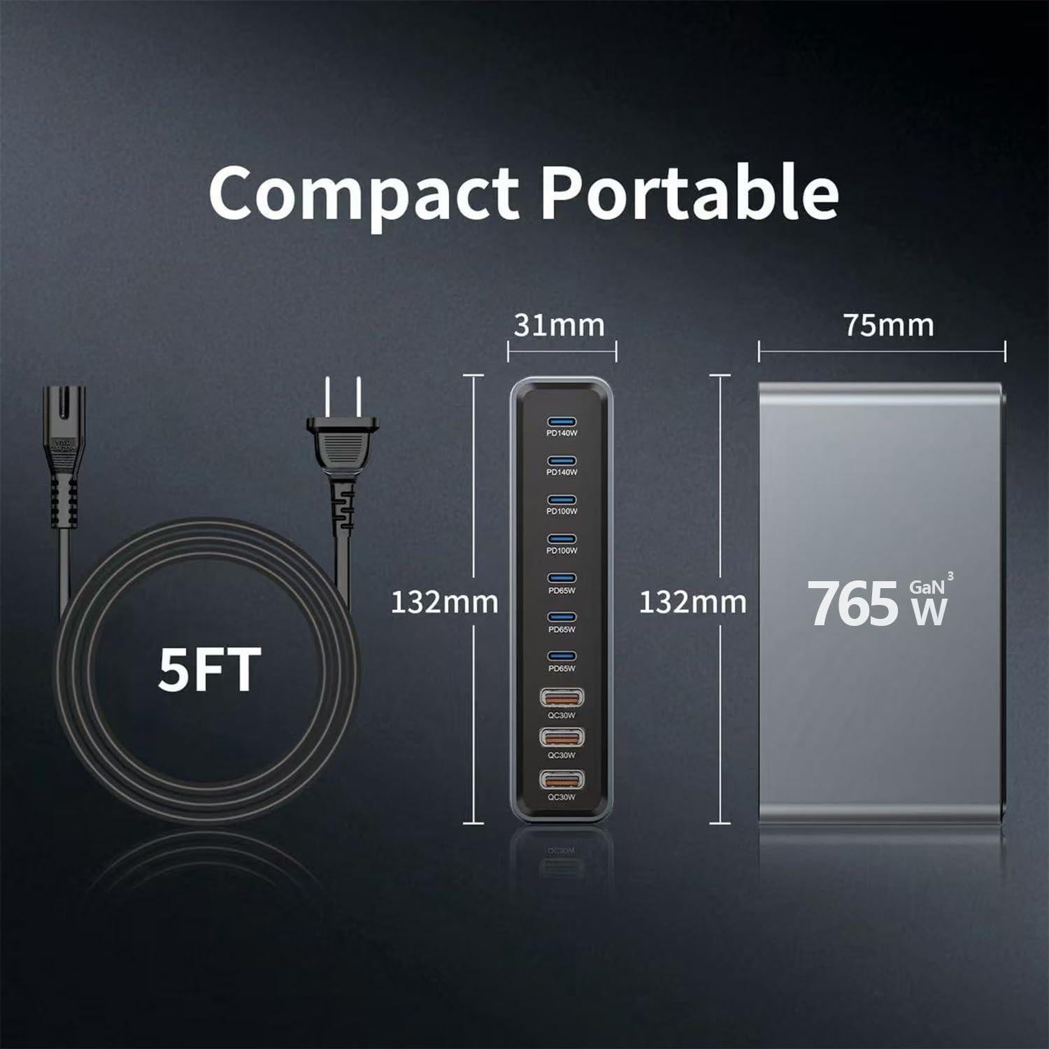 Estación de Carga 10 Puertos GaN 765W para Dispositivos Móviles