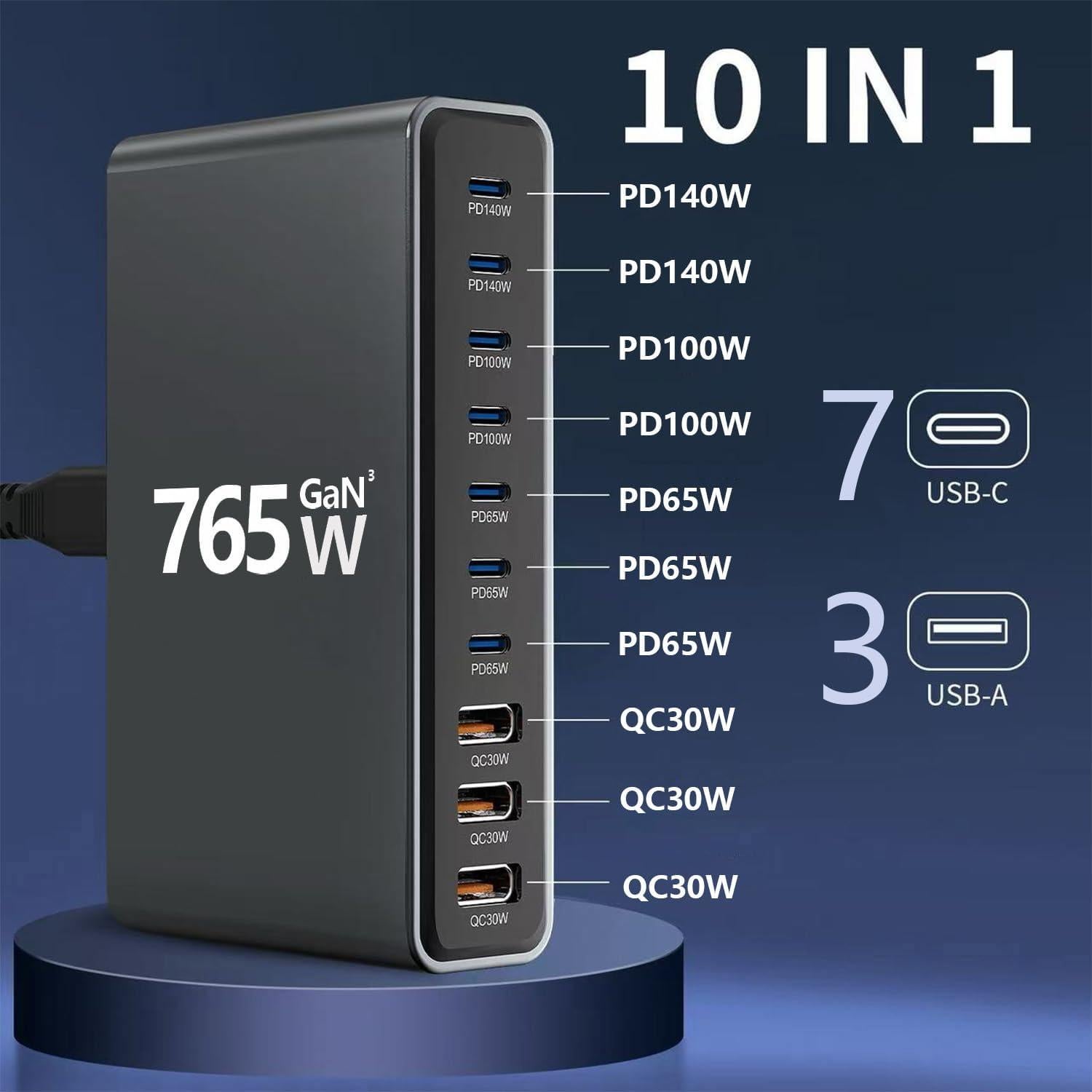 Estación de Carga 10 Puertos GaN 765W para Dispositivos Móviles