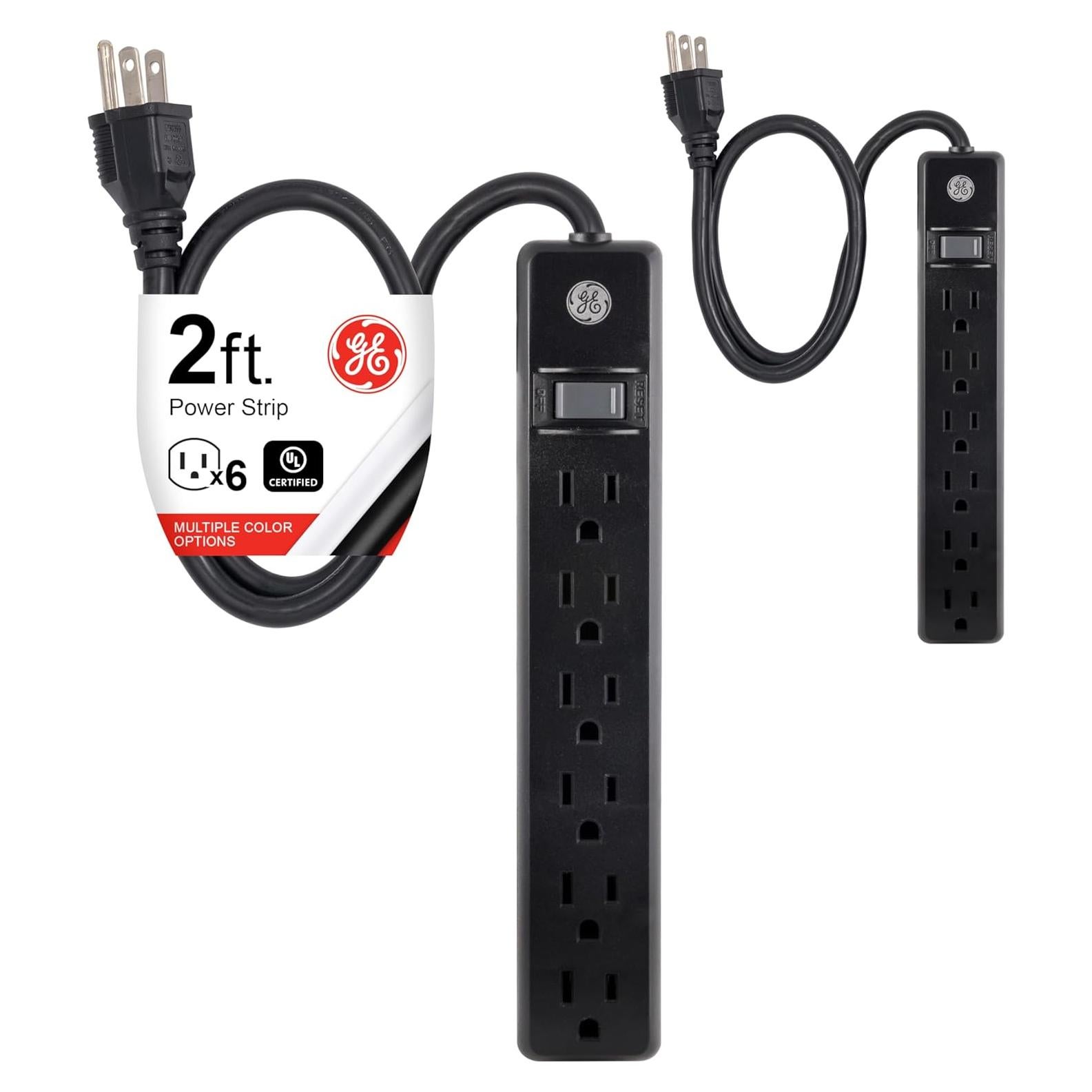 Regleta de 6 Salidas GE 2 Pies Negro con Protección y Montaje