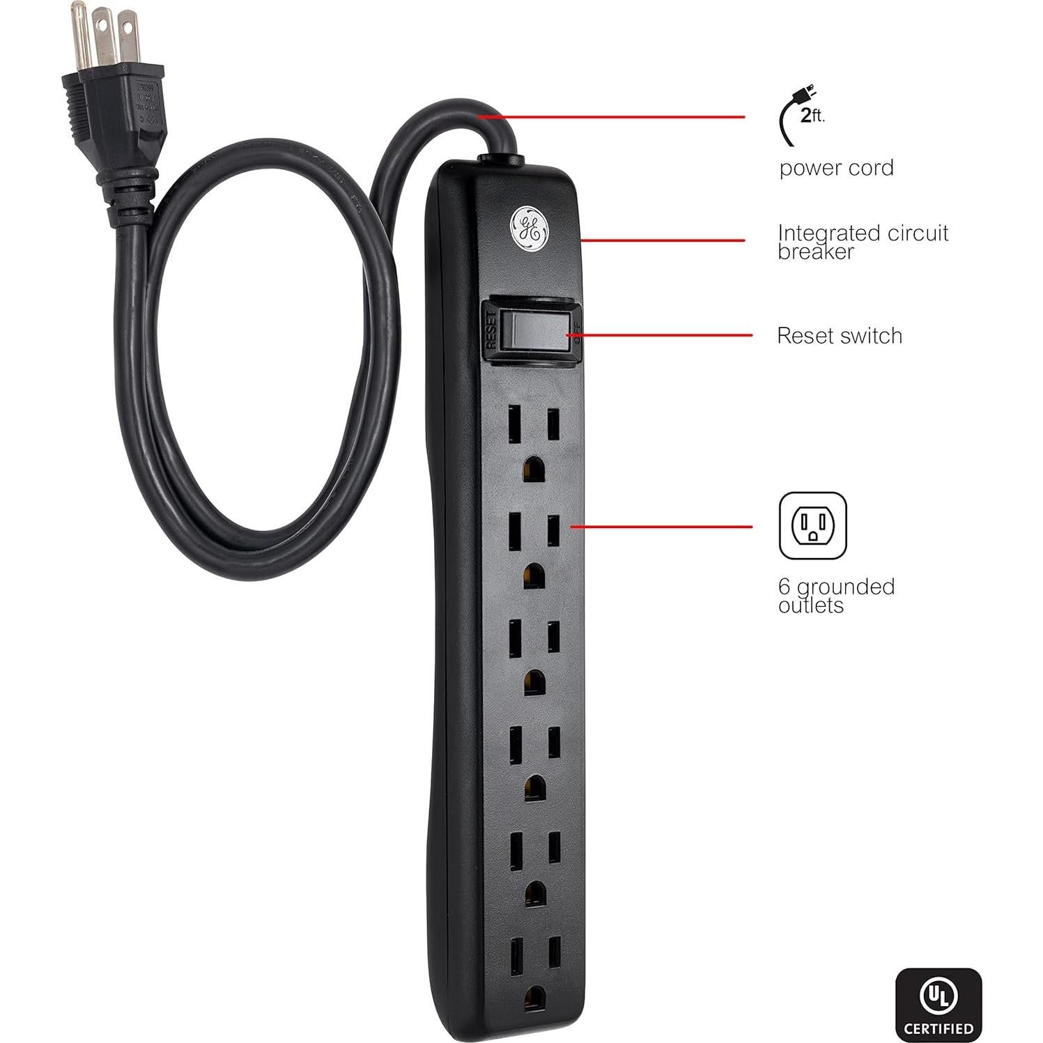 Regleta de 6 Salidas GE 2 Pies Negro con Protección y Montaje