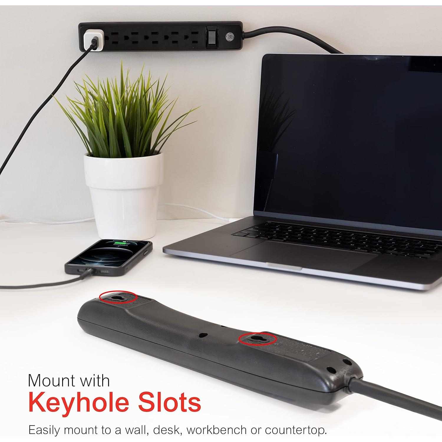 Regleta de 6 Salidas GE 2 Pies Negro con Protección y Montaje