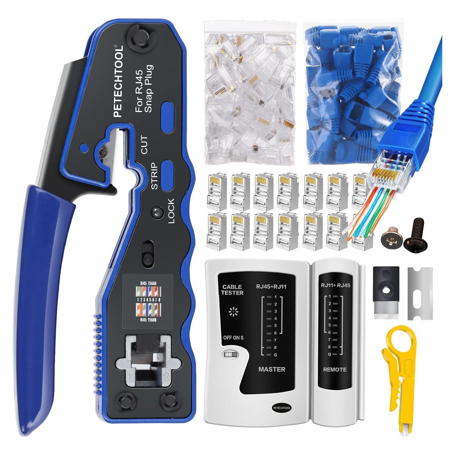 Kit Crimpadora RJ45 Pasante PETECHTOOL con 50 Conectores Cat6