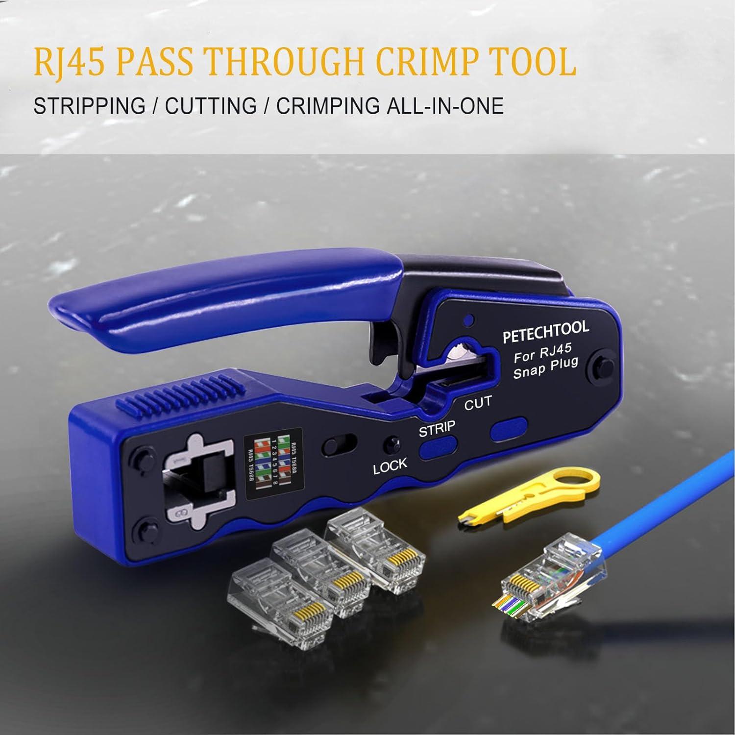 Kit Crimpadora RJ45 Pasante PETECHTOOL con 50 Conectores Cat6