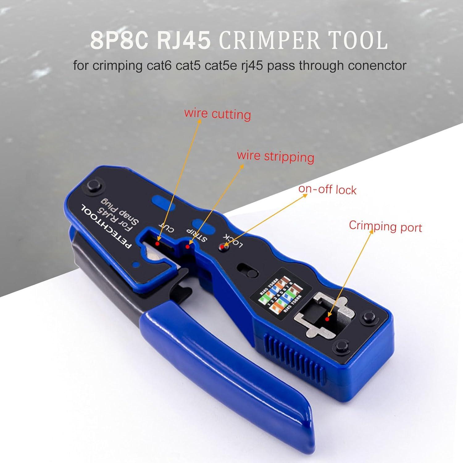 Kit Crimpadora RJ45 Pasante PETECHTOOL con 50 Conectores Cat6