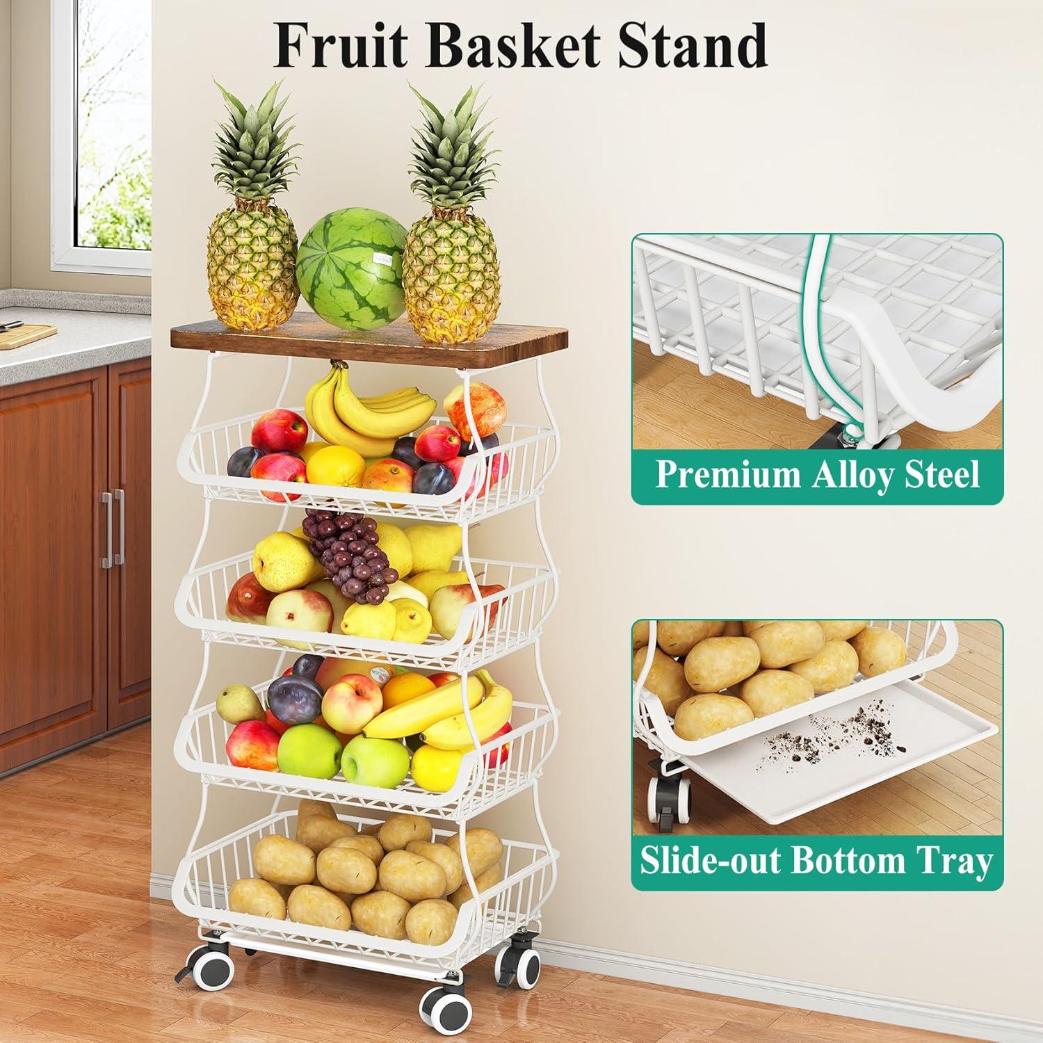 Cesta de Frutas SAYZH Apilable con Parte Superior de Madera 5 Niveles