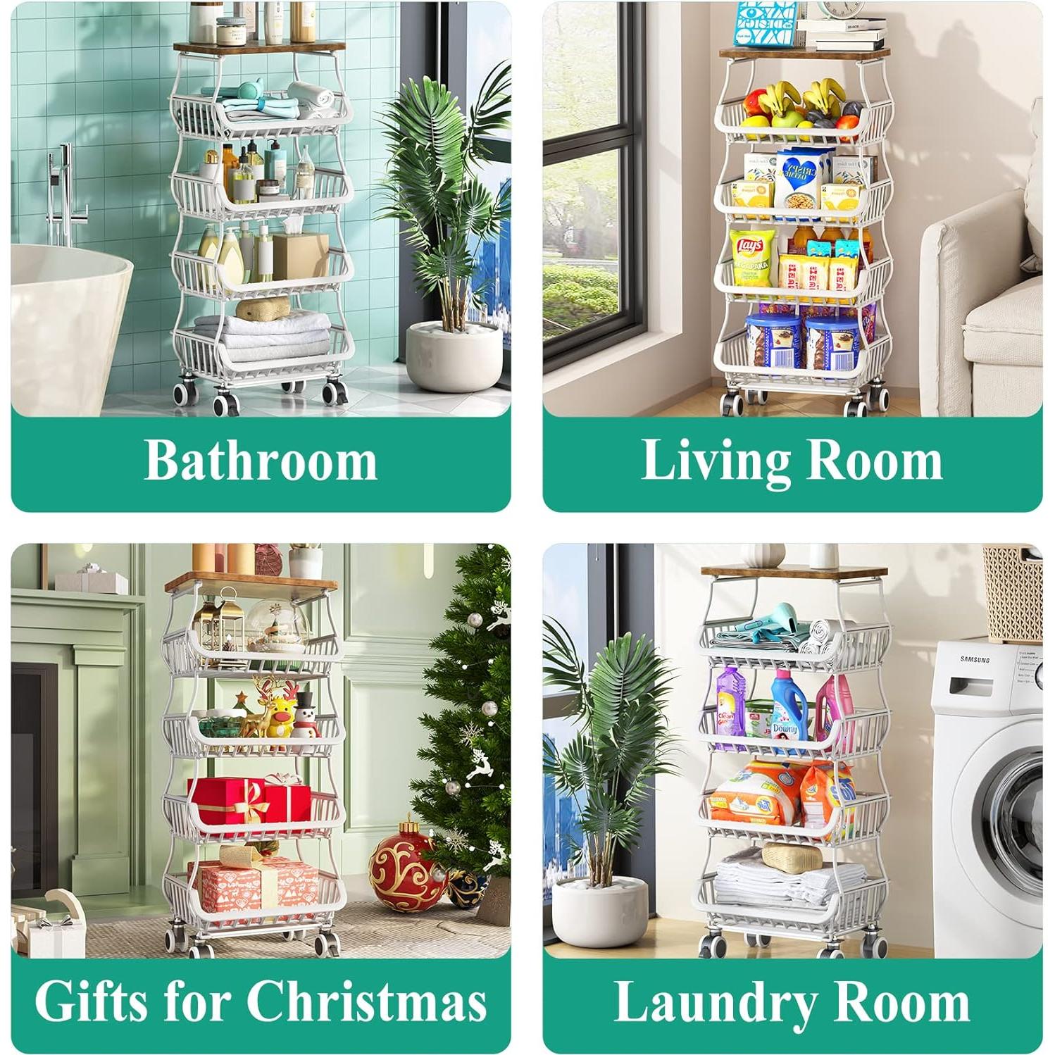 Cesta de Frutas SAYZH Apilable con Parte Superior de Madera 5 Niveles