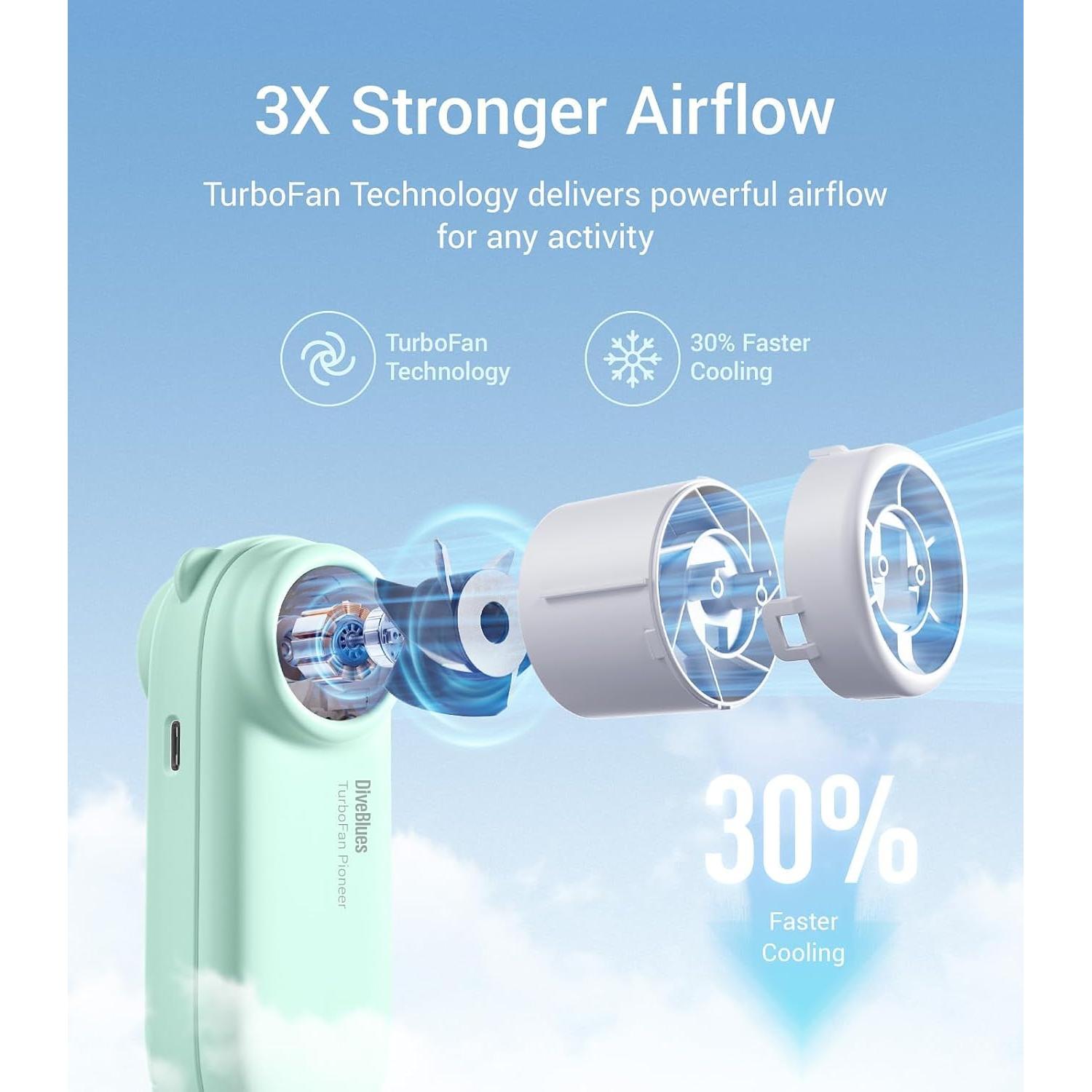 Ventilador de Mano Portátil Diveblues TurboBear - 5 Niveles, 2000mAh