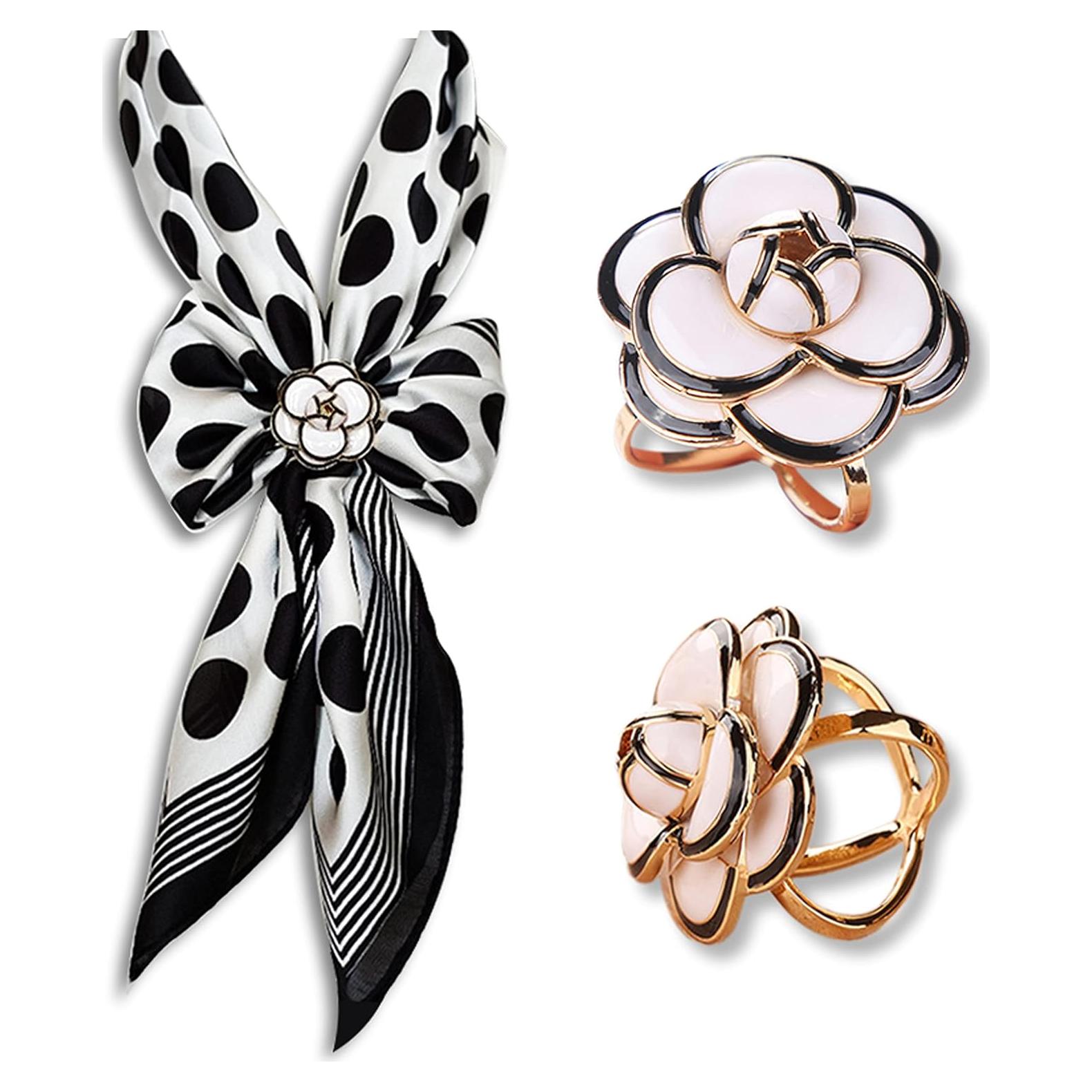 Clip de Bufanda de Seda Tijeyi - 3 Piezas, Flor de Camelia