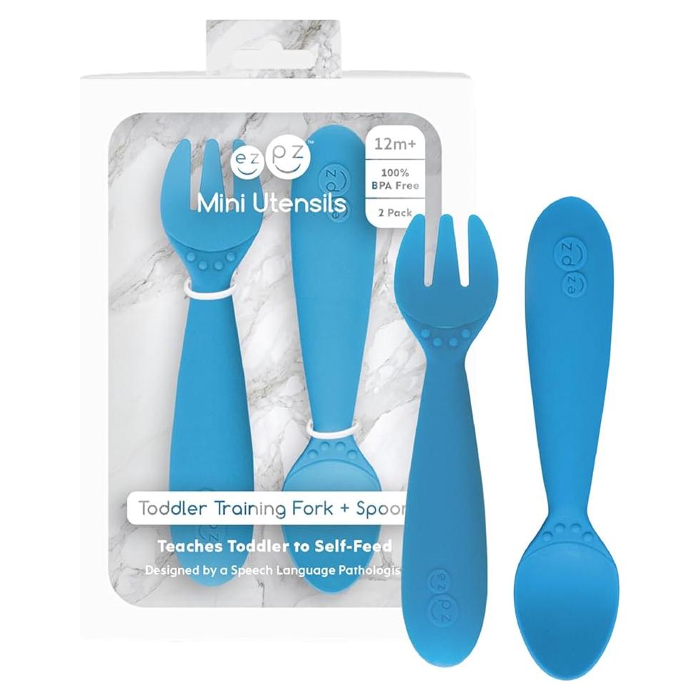 Utensilios para Niños ezpz - Tenedor y Cuchara Azul 12M+