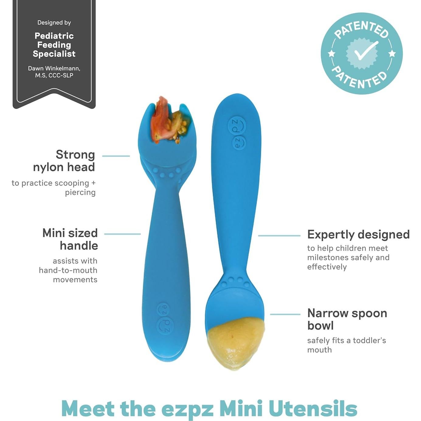 Utensilios para Niños ezpz - Tenedor y Cuchara Azul 12M+