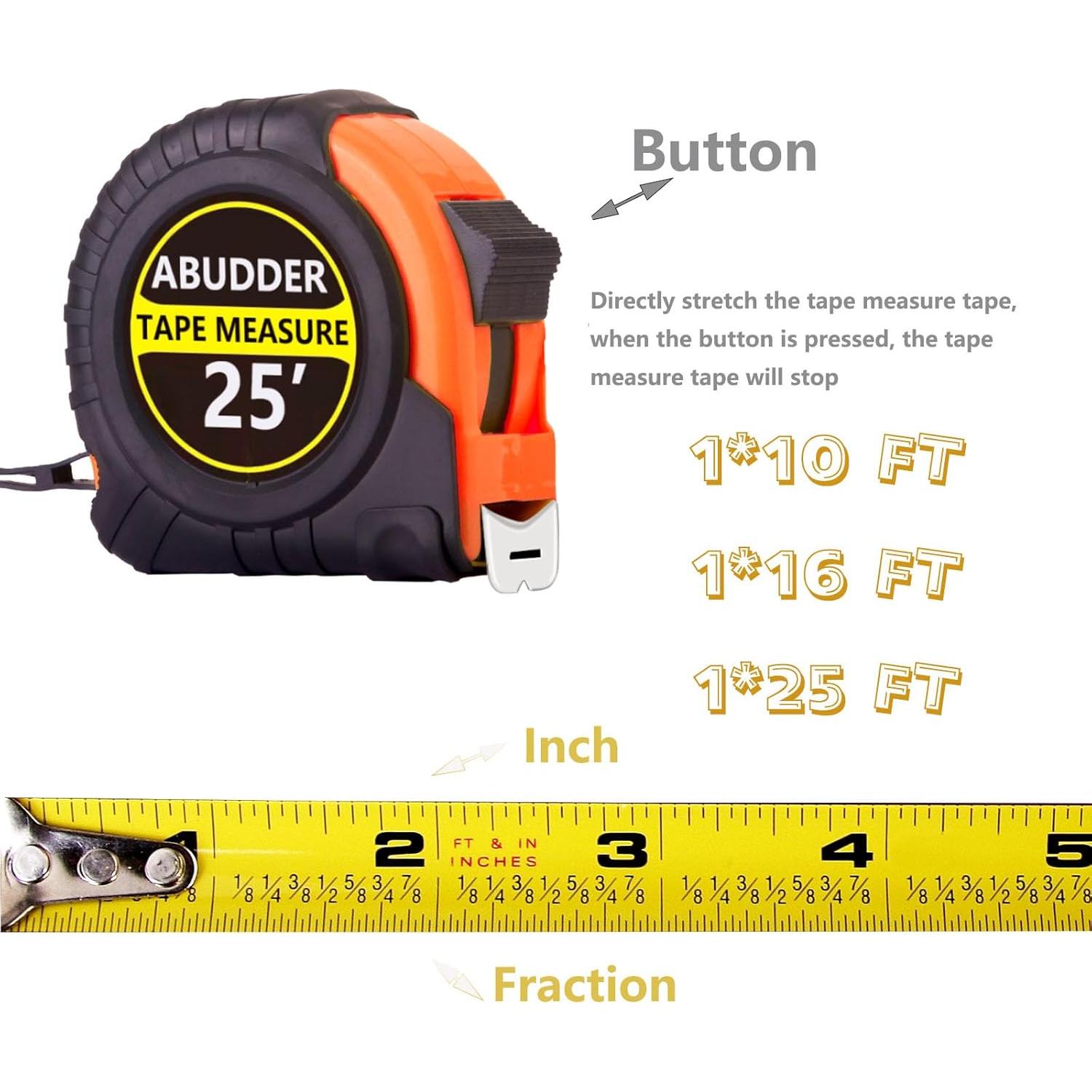 3 Cintas Métricas Retráctiles ABUDDER 3.05m 4.88m 7.62m Naranja