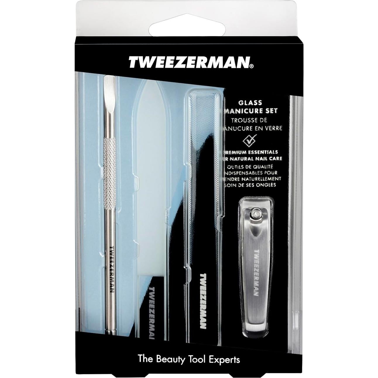 Juego de Manicura de Vidrio Tweezerman 4 Piezas - Cortauñas, Lima, Pulidor y Empujador