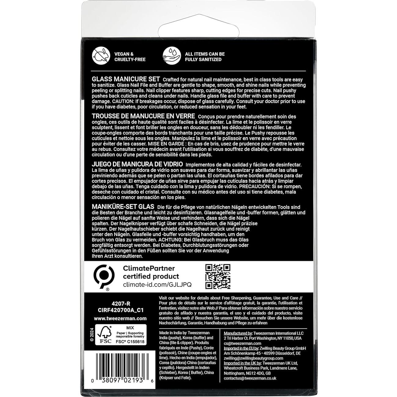 Juego de Manicura de Vidrio Tweezerman 4 Piezas - Cortauñas, Lima, Pulidor y Empujador