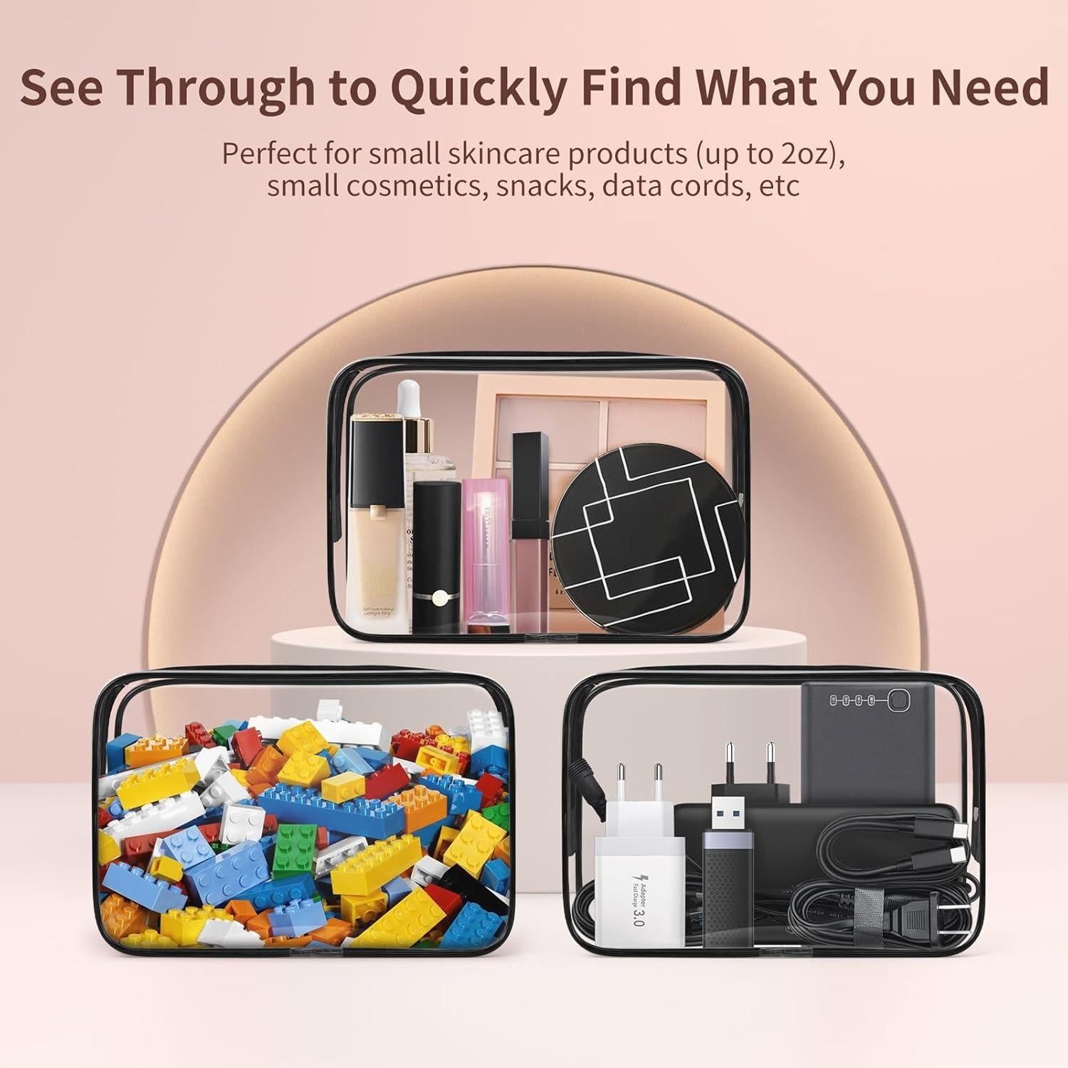 Bolsa de Maquillaje Transparente TISRATOK 12 PCS Mediana Negra