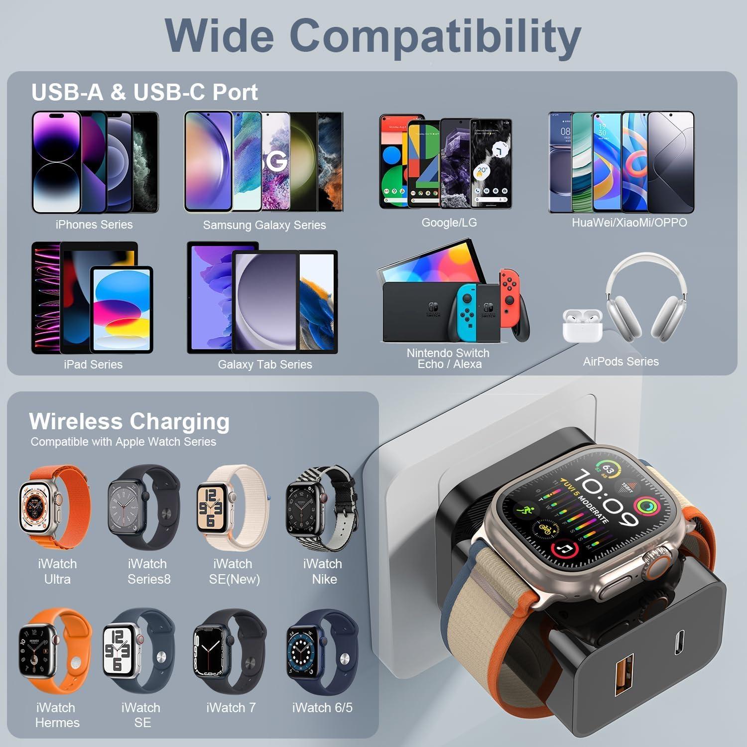 Cargador 3-en-1 HONOT 20W PD para Apple Watch y iPhone Negro