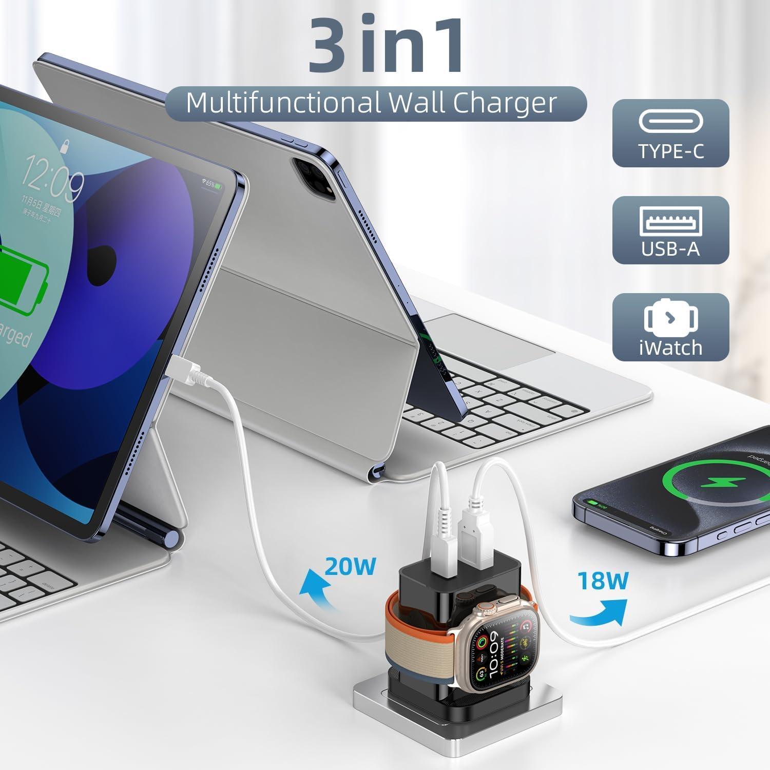 Cargador 3-en-1 HONOT 20W PD para Apple Watch y iPhone Negro