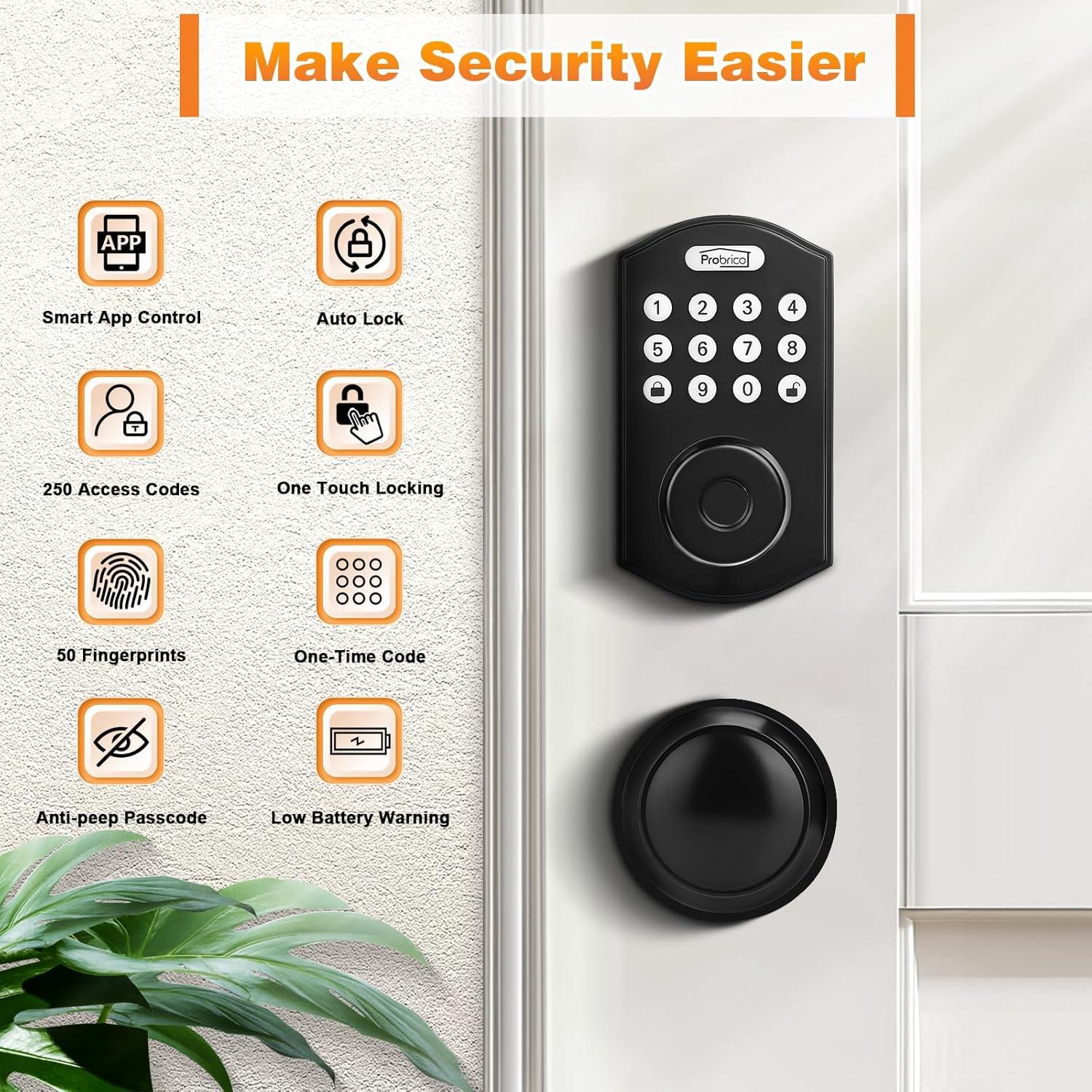 Cerradura Inteligente Probrico con Pomos, Biometría y App, Negro