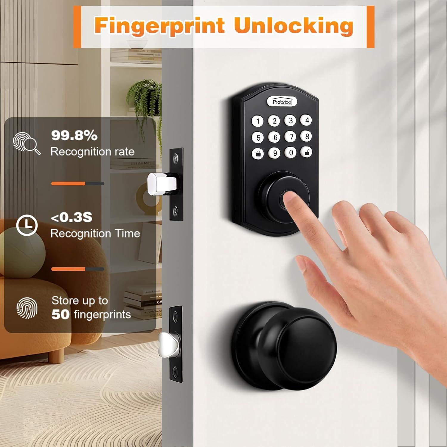 Cerradura Inteligente Probrico con Pomos, Biometría y App, Negro