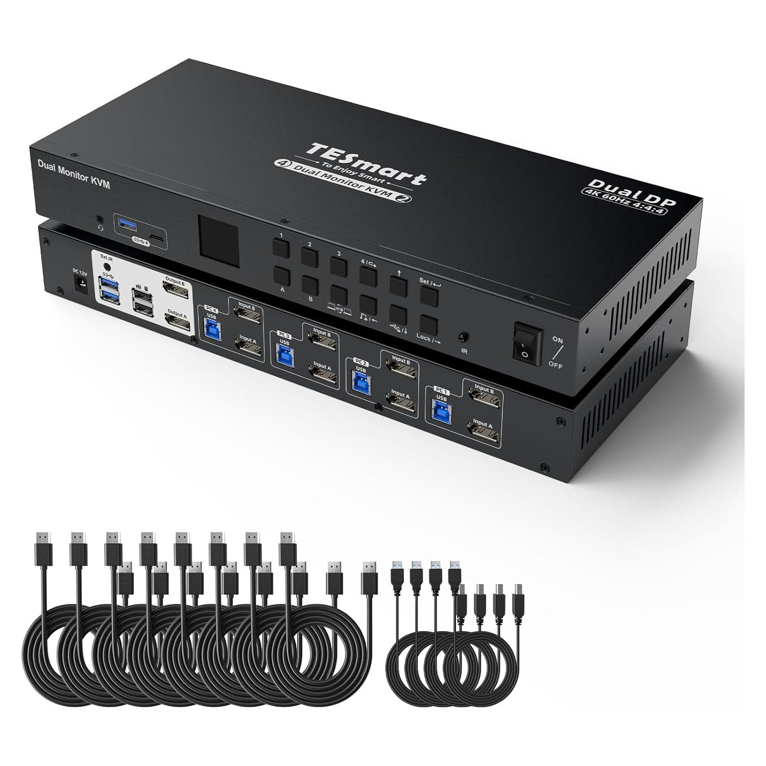 Interruptor KVM TESmart 4 Puertos Doble Monitor DisplayPort 4K