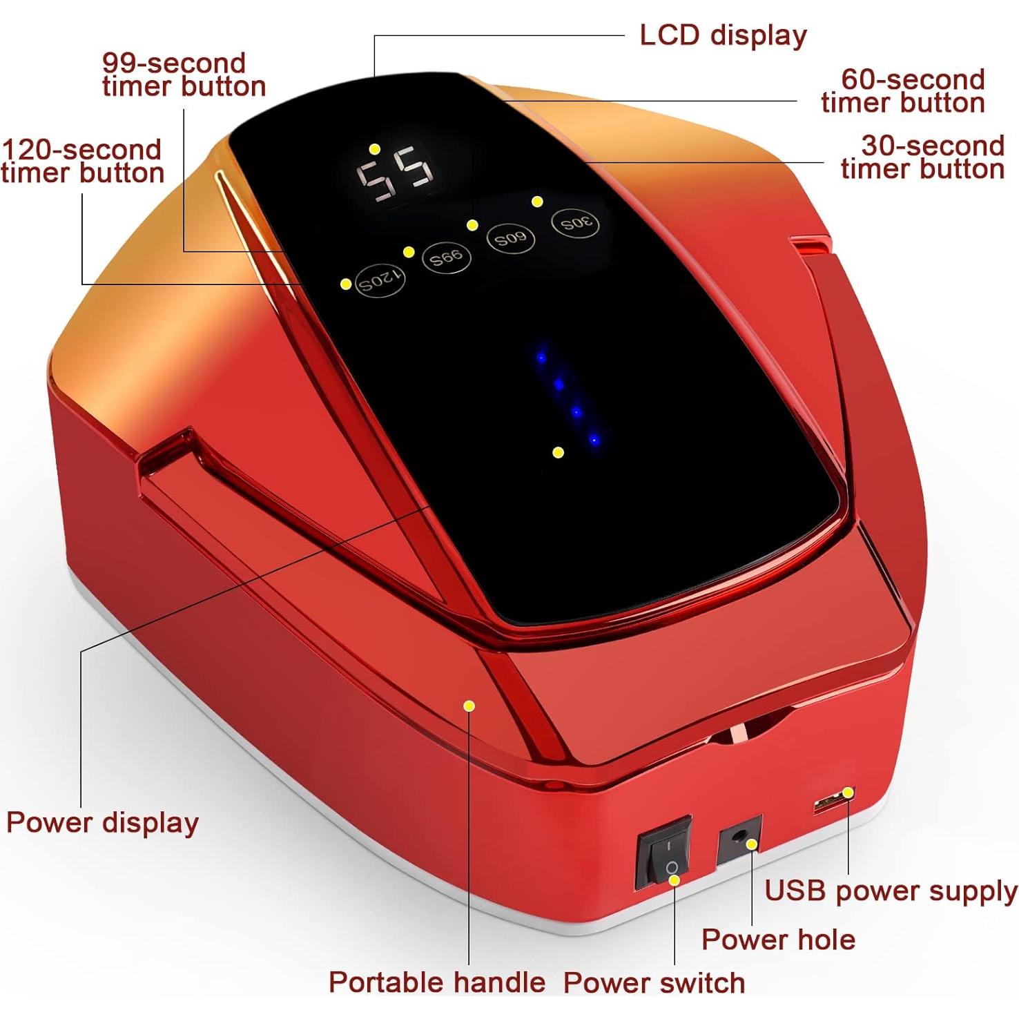 Lámpara de Uñas LED Inalámbrica LINSSY 96W Rojo con Mango
