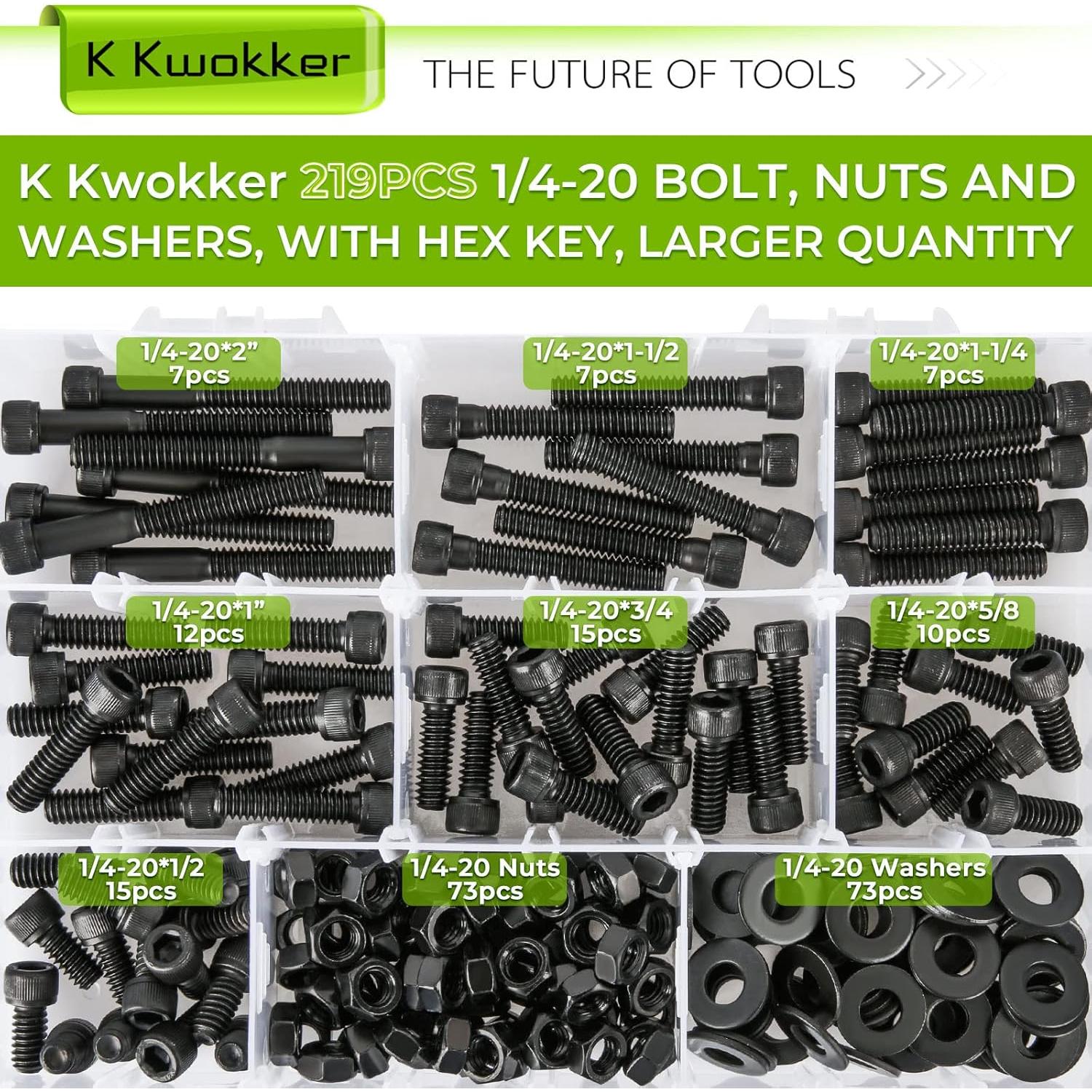 Kit de Tornillos Hexagonales K Kwokker 1/4-20 Acero 220Pcs