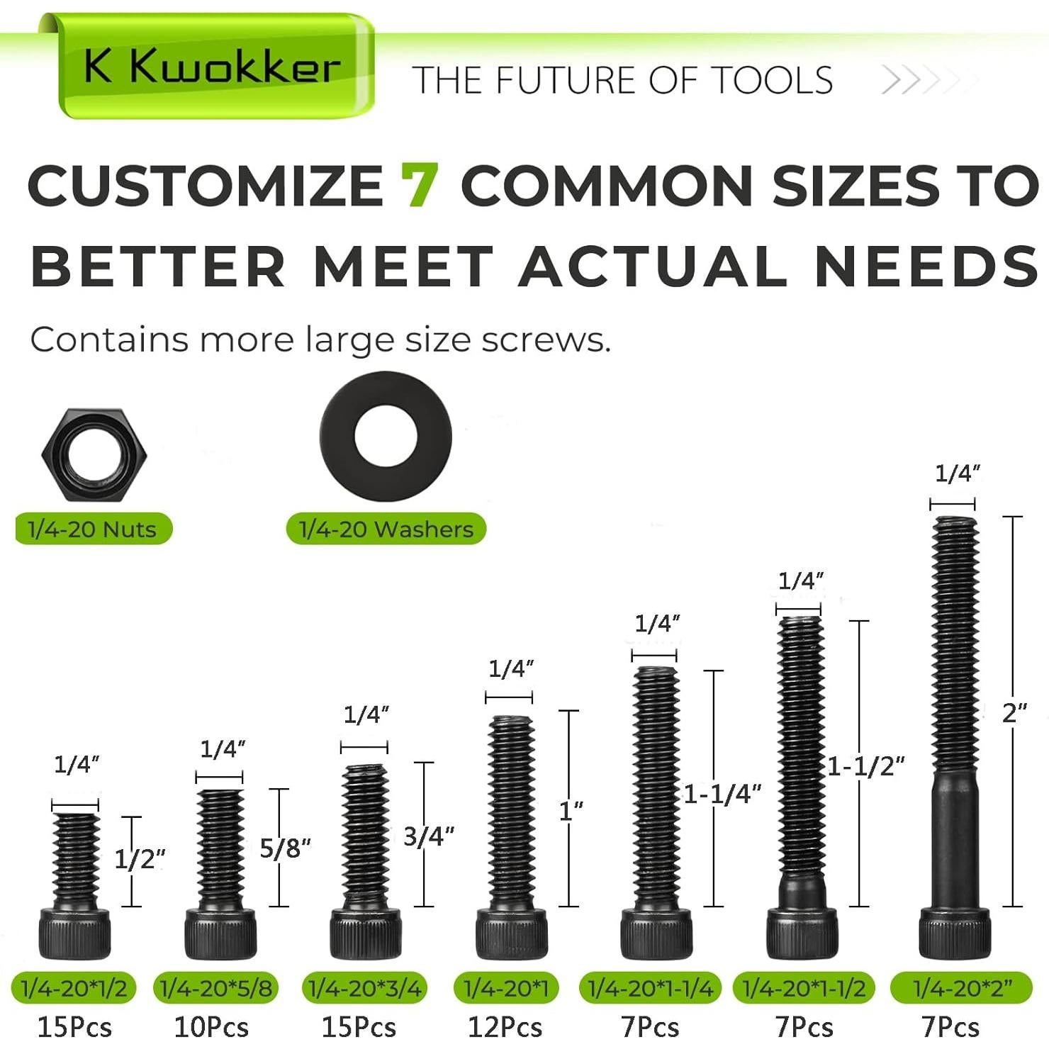 Kit de Tornillos Hexagonales K Kwokker 1/4-20 Acero 220Pcs