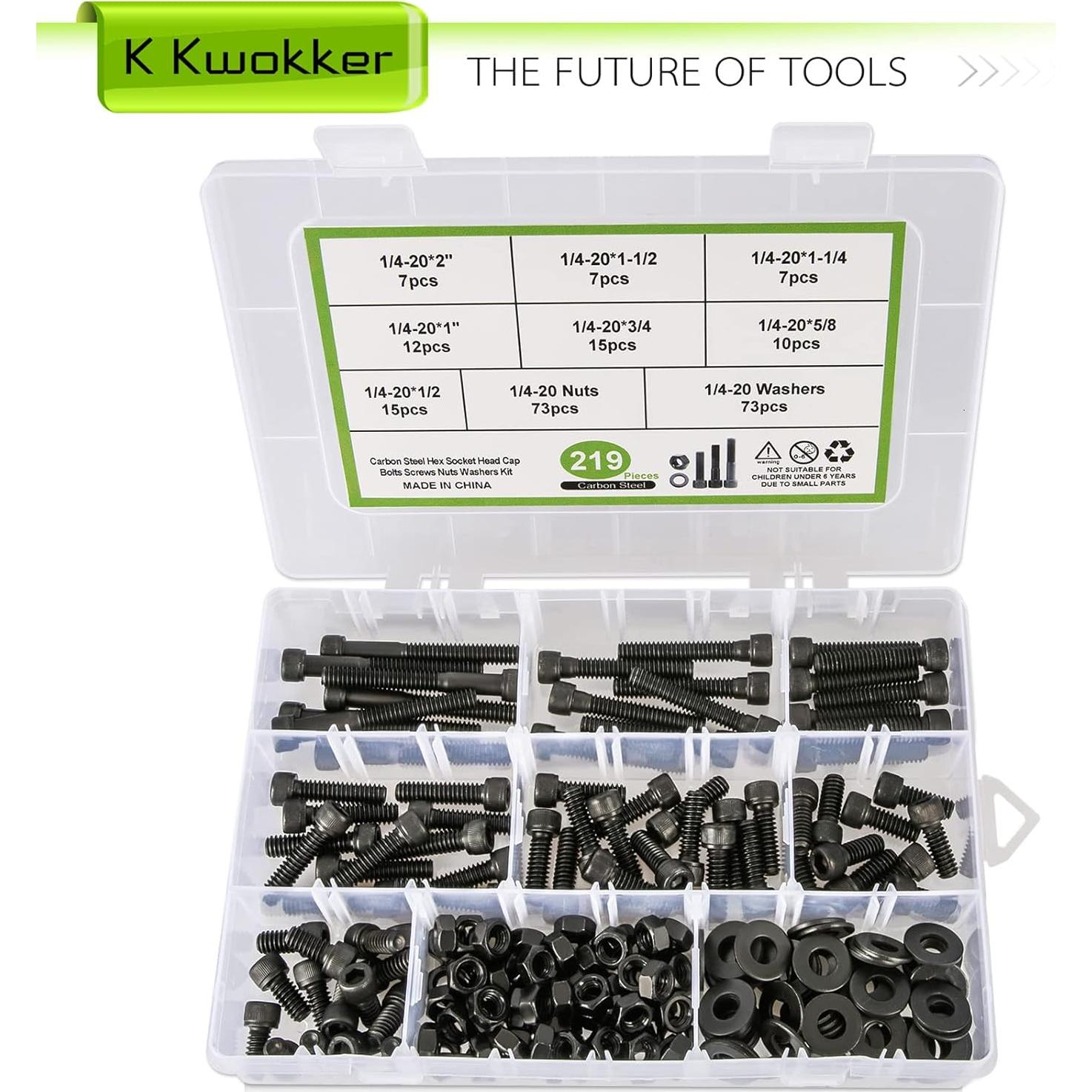 Kit de Tornillos Hexagonales K Kwokker 1/4-20 Acero 220Pcs