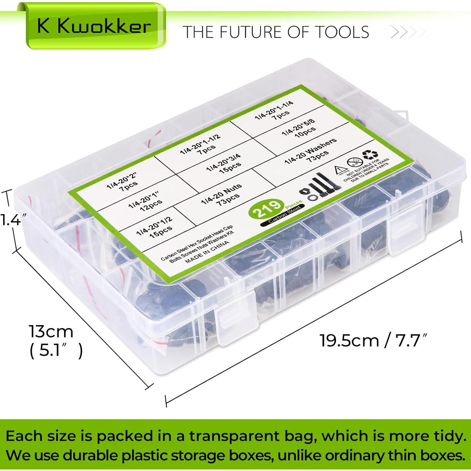 Kit de Tornillos Hexagonales K Kwokker 1/4-20 Acero 220Pcs