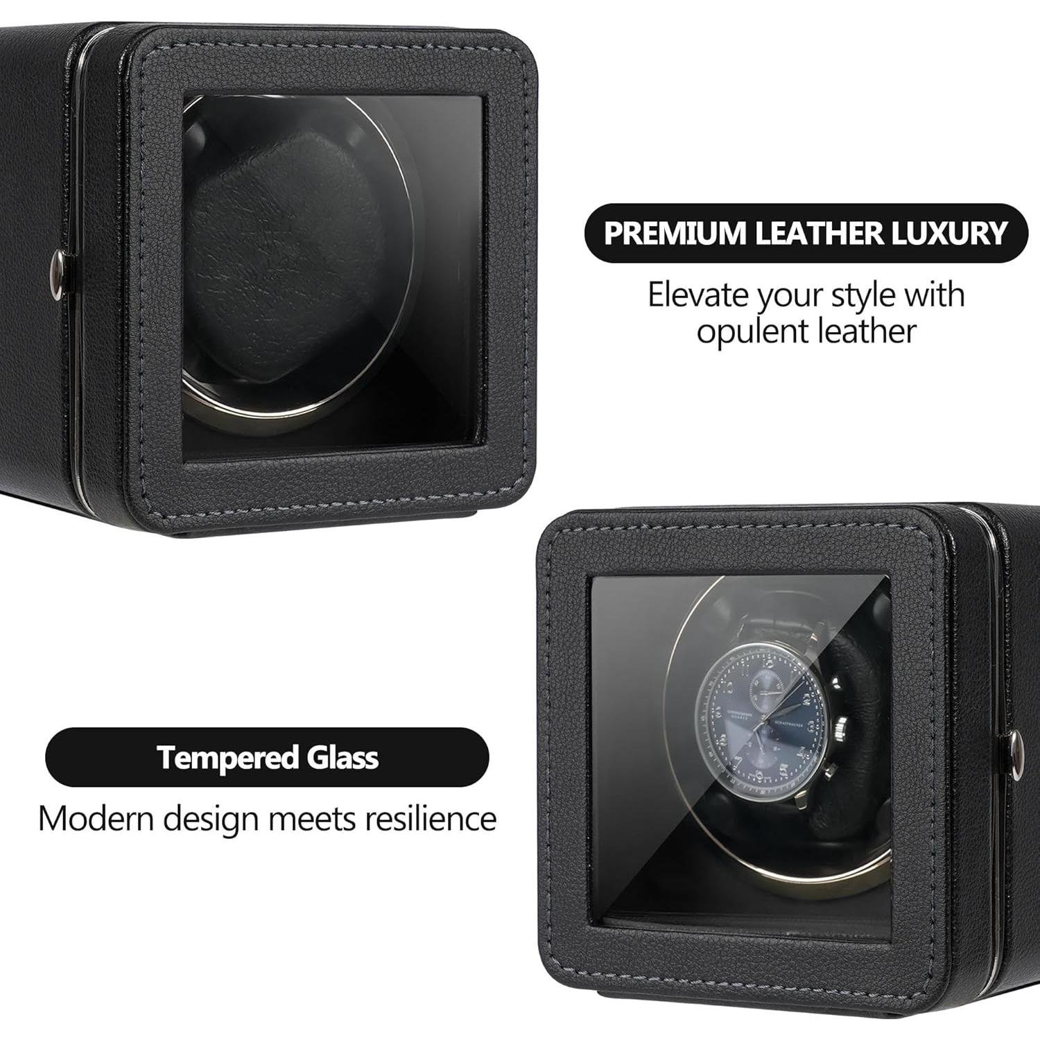 Enrollador Automático de Reloj Kalawen de Cuero Negro con Motor Silencioso