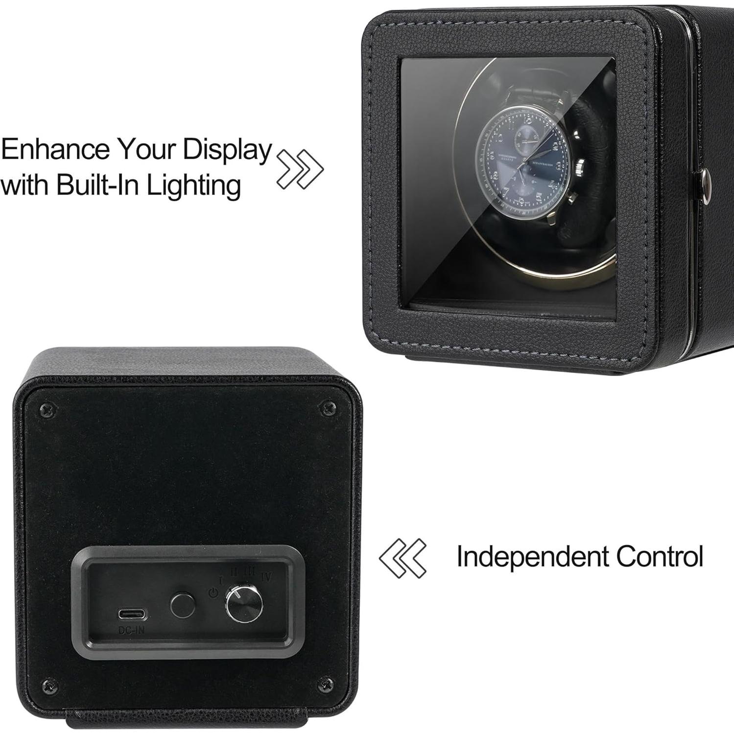 Enrollador Automático de Reloj Kalawen de Cuero Negro con Motor Silencioso