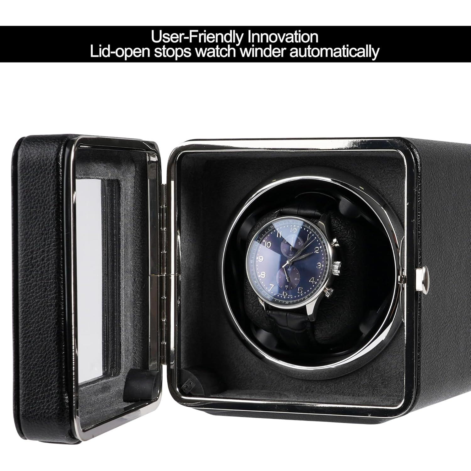 Enrollador Automático de Reloj Kalawen de Cuero Negro con Motor Silencioso