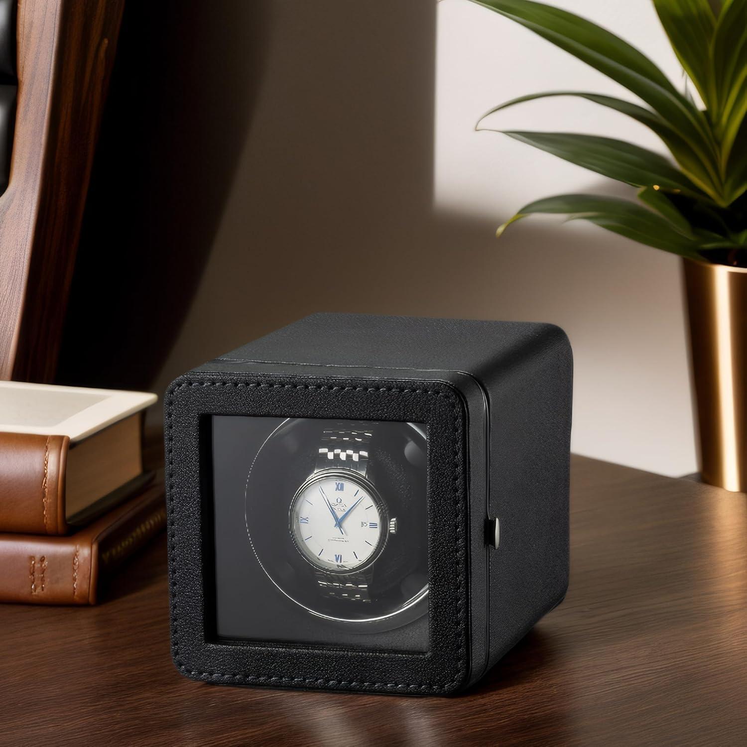 Enrollador Automático de Reloj Kalawen de Cuero Negro con Motor Silencioso