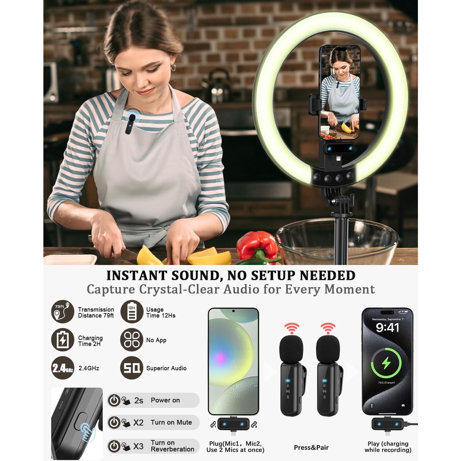 Kit de Vlogging BEFAME con Luz de Anillo 25 cm y Trípode 188 cm