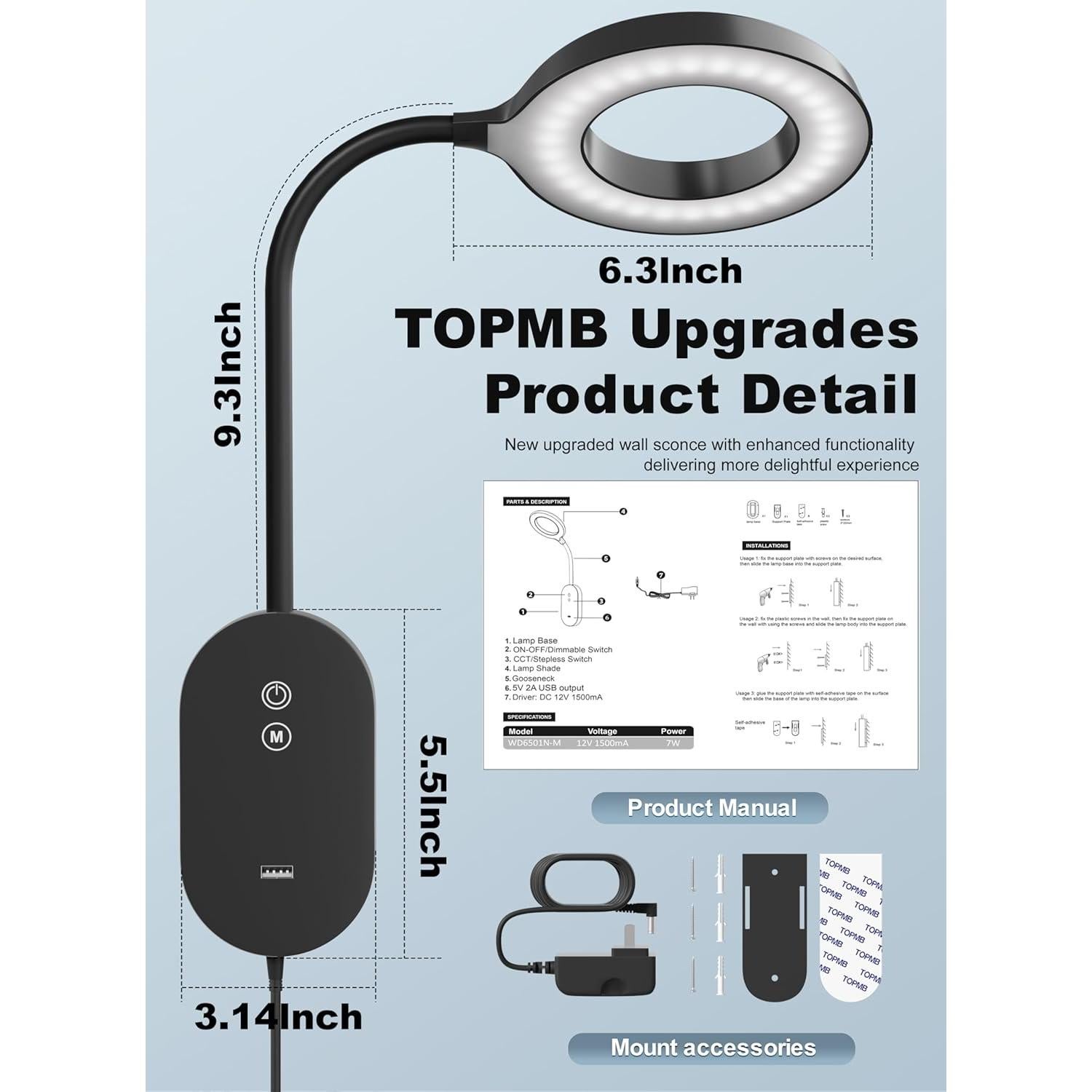 Lámpara de Lectura de Pared TOPMB con USB 10W y 4 Modos