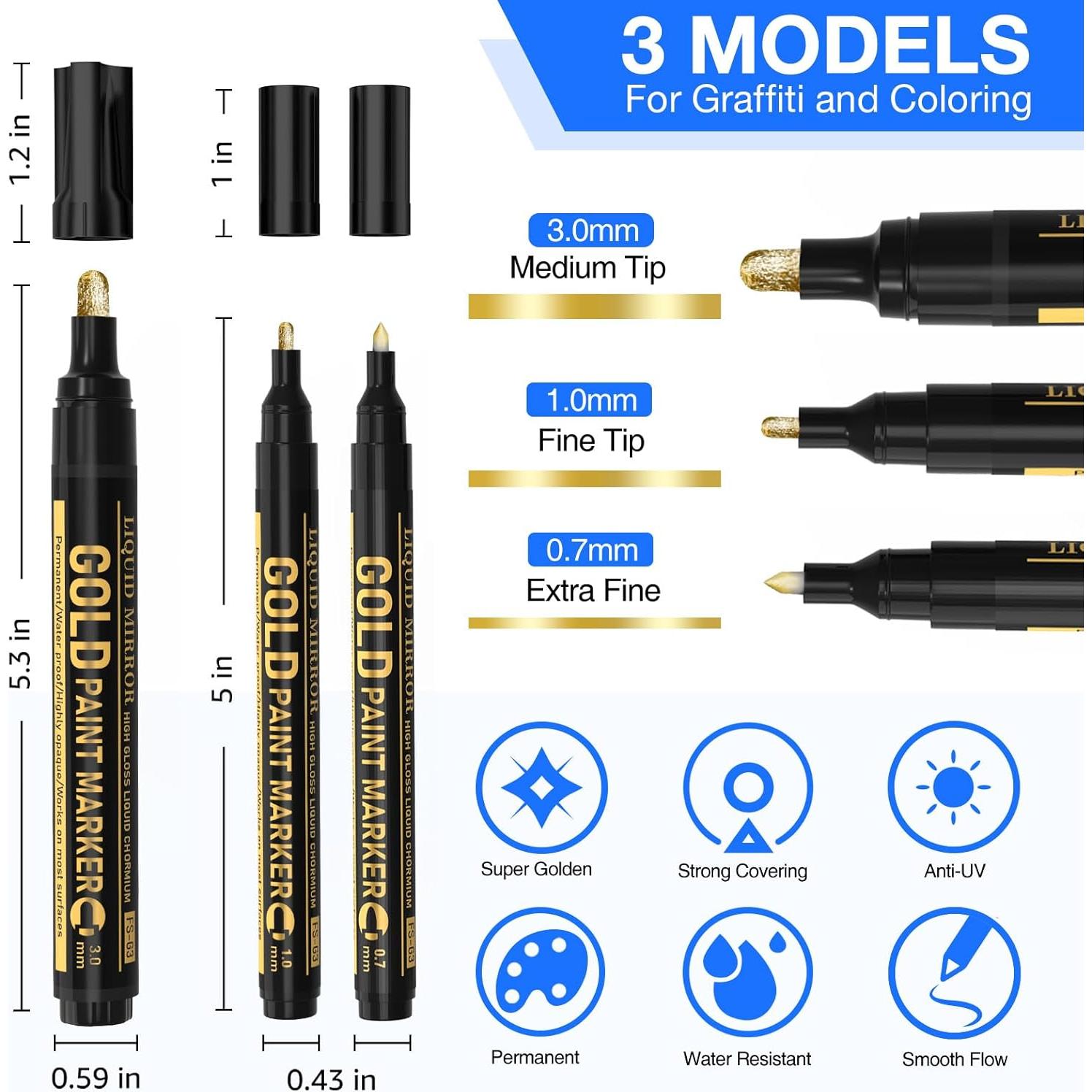 Marcadores Metálicos Dorados KERIFI, Juego de 3 Puntas 0.7/1/3mm