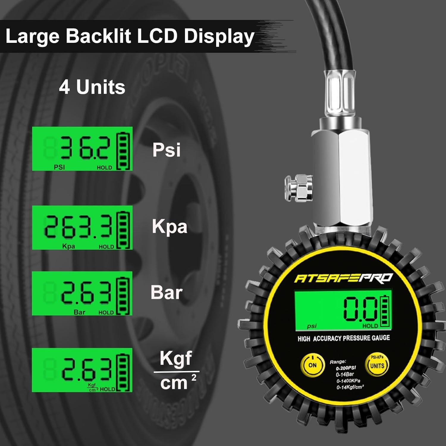 Medidor de Presión de Neumáticos Digital ATsafepro 200 PSI