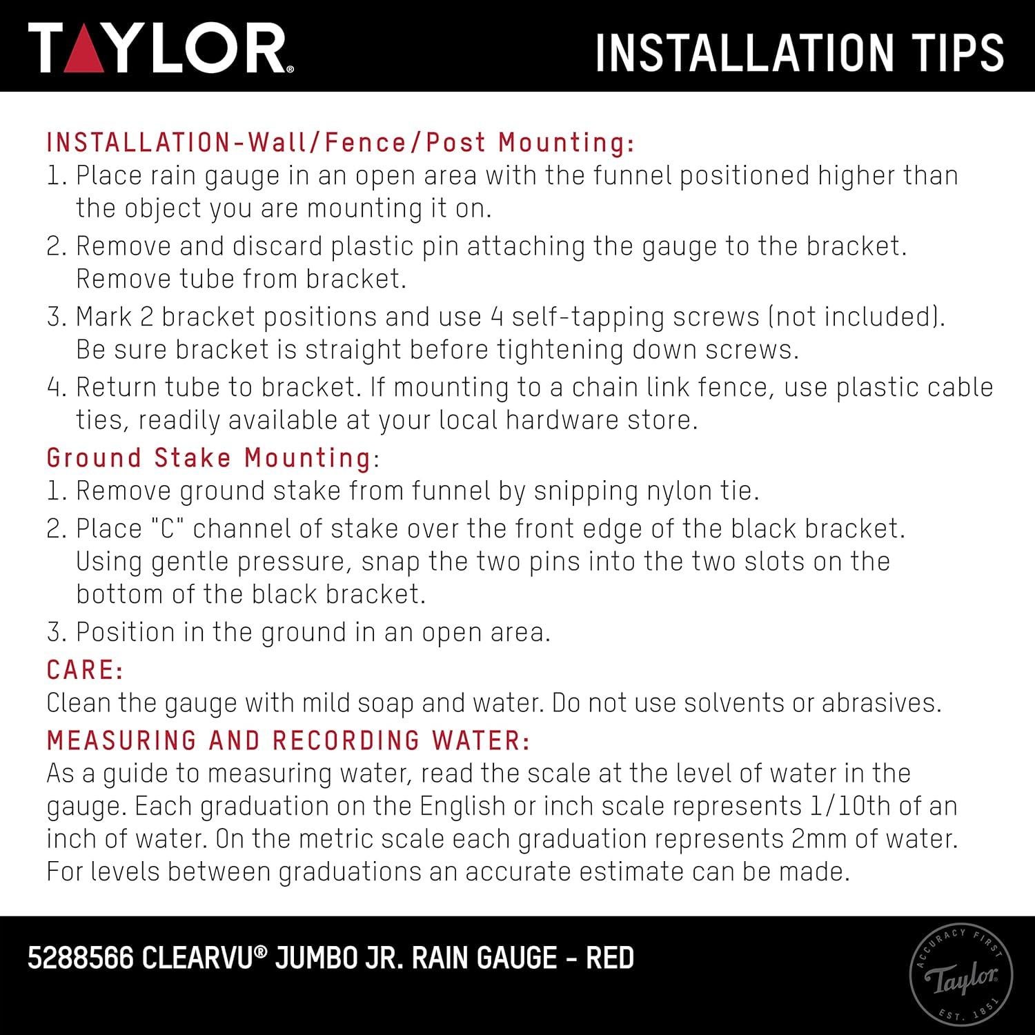 Medidor de Lluvia Jumbo Jr Taylor 63.5 cm Rojo con Soporte