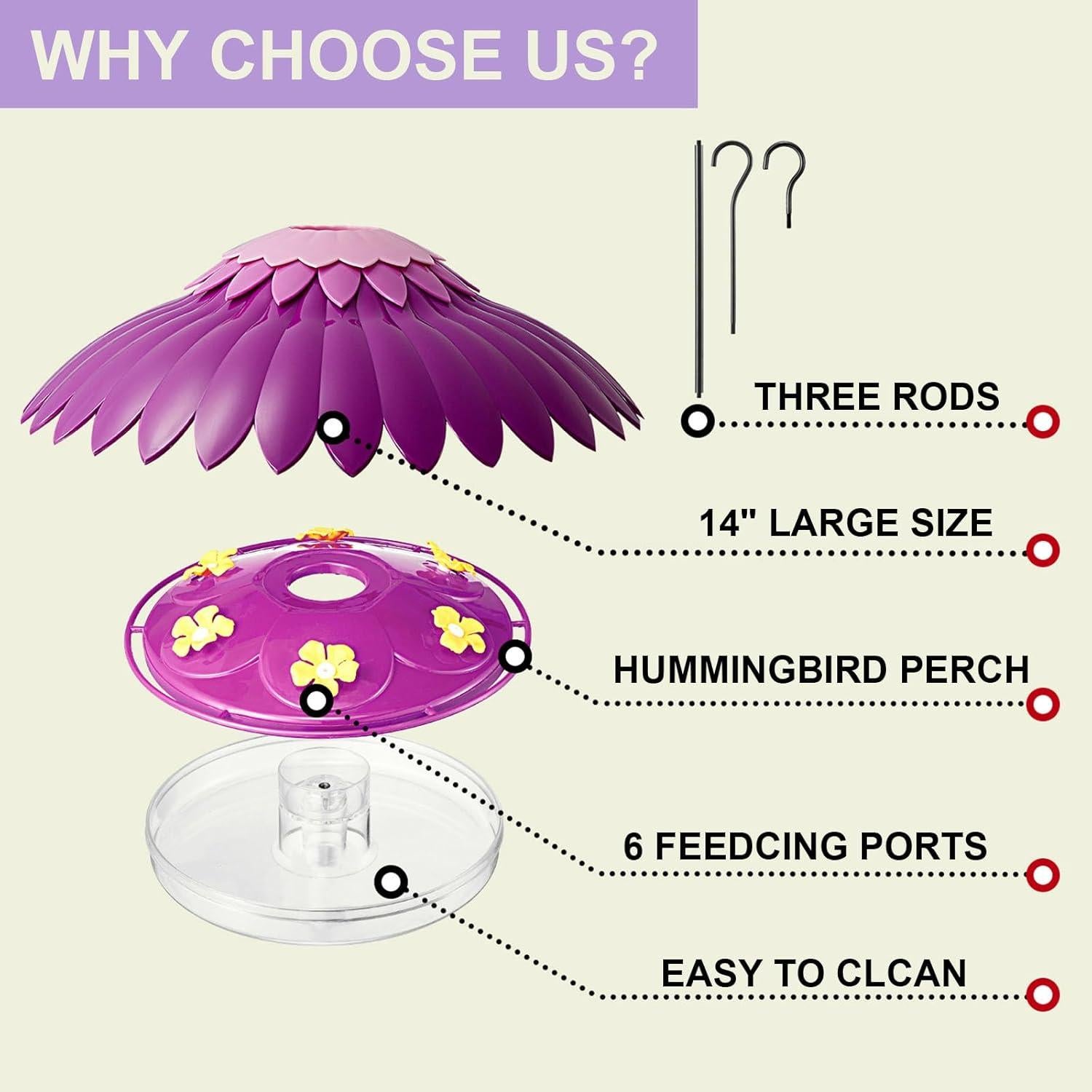 Comedero para Colibríes Beserie 16 oz con Baffle 14" Púrpura