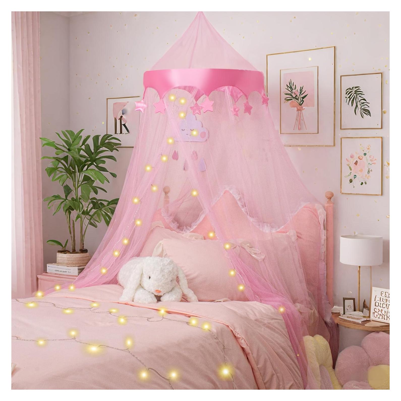 Dosel de Cama Rosa con Luces LED para Niñas - Decoración Mágica