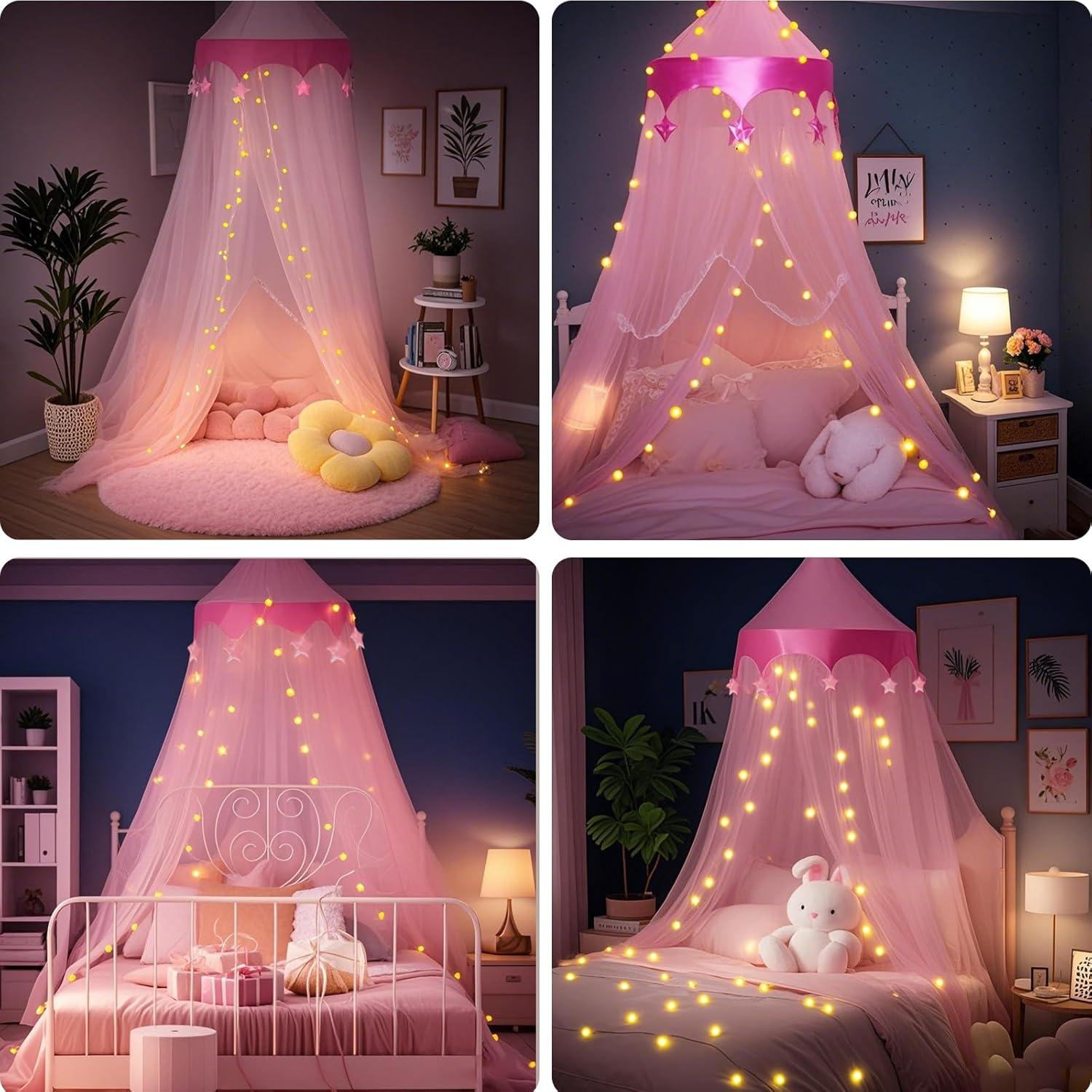 Dosel de Cama Rosa con Luces LED para Niñas - Decoración Mágica