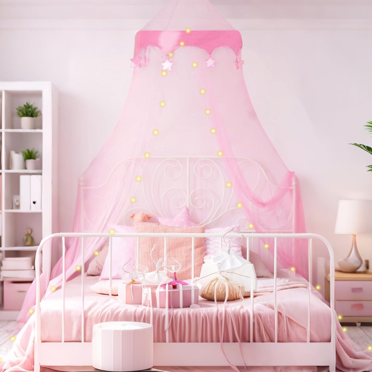 Dosel de Cama Rosa con Luces LED para Niñas - Decoración Mágica