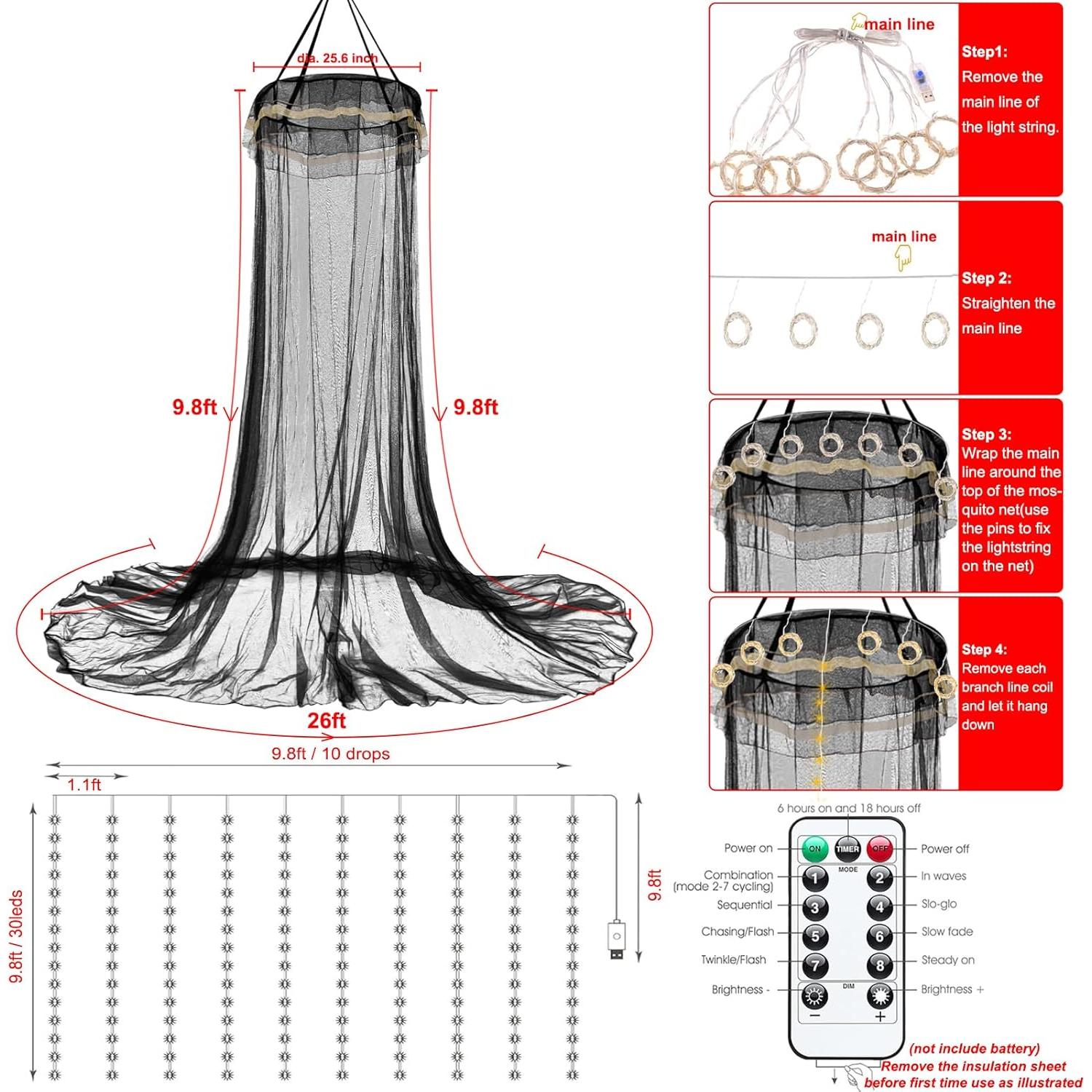 Dosel de Cama Negro con Luces LED 300 y Aro Redondo