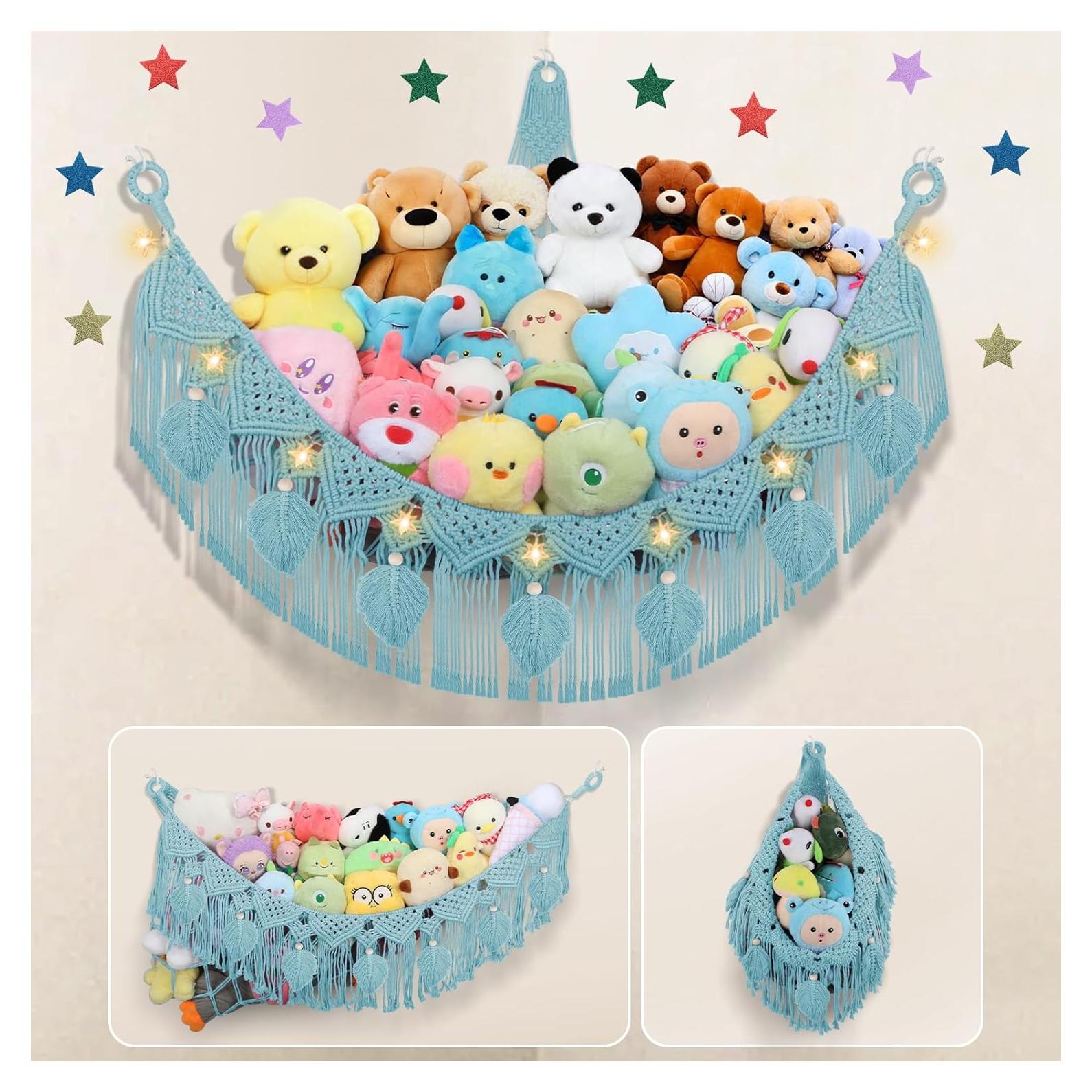 Stuffed Animal Hammock Corner - 56'' Jumbo Handcrafted 5mm Double Macrame Cord Stuffed Animal Storage Net - 100% Natural Cotton Toy Hammock Holder - Turquoise Stuffy Plushie Net w/LED Star Light