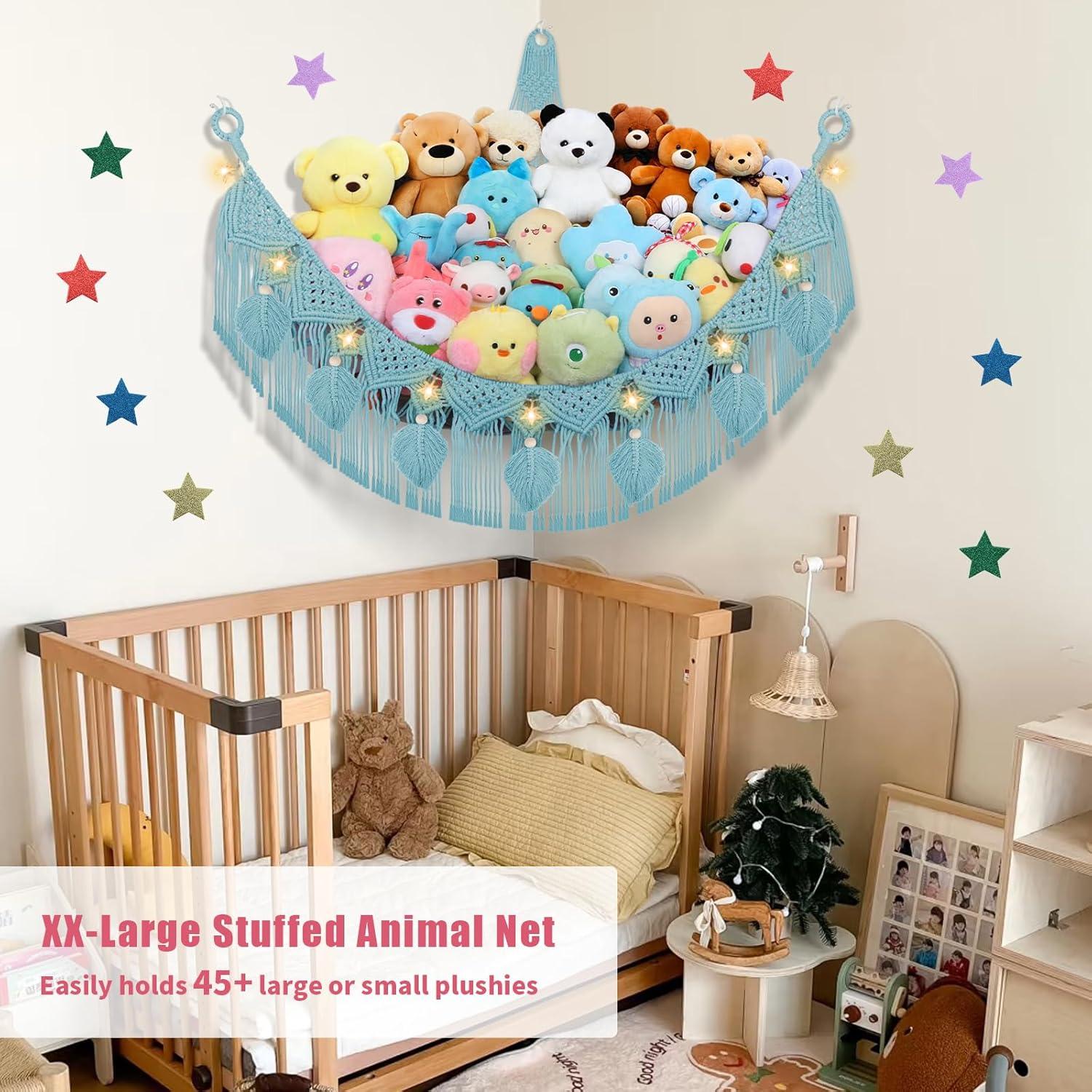 Stuffed Animal Hammock Corner - 56'' Jumbo Handcrafted 5mm Double Macrame Cord Stuffed Animal Storage Net - 100% Natural Cotton Toy Hammock Holder - Turquoise Stuffy Plushie Net w/LED Star Light