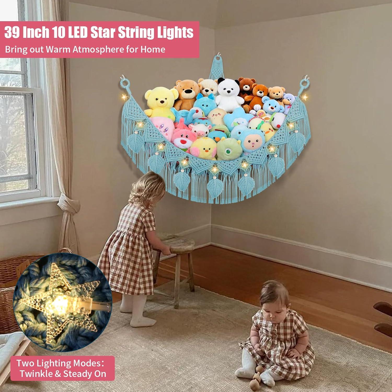 Stuffed Animal Hammock Corner - 56'' Jumbo Handcrafted 5mm Double Macrame Cord Stuffed Animal Storage Net - 100% Natural Cotton Toy Hammock Holder - Turquoise Stuffy Plushie Net w/LED Star Light