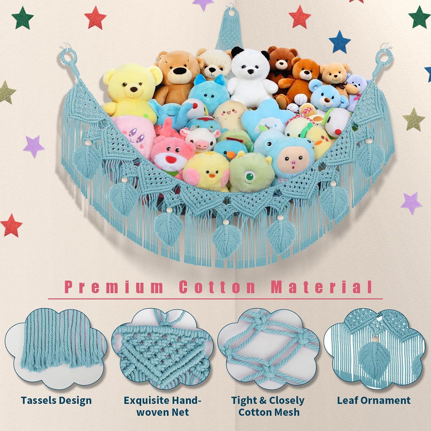 Stuffed Animal Hammock Corner - 56'' Jumbo Handcrafted 5mm Double Macrame Cord Stuffed Animal Storage Net - 100% Natural Cotton Toy Hammock Holder - Turquoise Stuffy Plushie Net w/LED Star Light