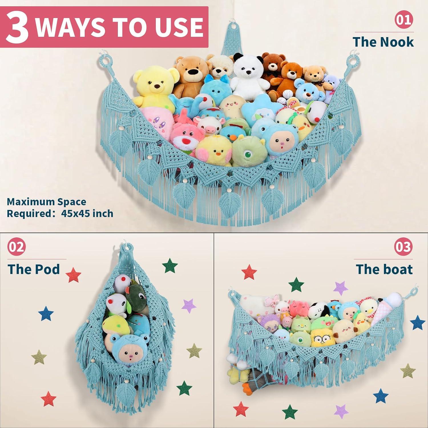 Stuffed Animal Hammock Corner - 56'' Jumbo Handcrafted 5mm Double Macrame Cord Stuffed Animal Storage Net - 100% Natural Cotton Toy Hammock Holder - Turquoise Stuffy Plushie Net w/LED Star Light