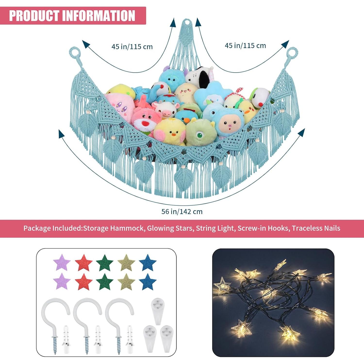 Stuffed Animal Hammock Corner - 56'' Jumbo Handcrafted 5mm Double Macrame Cord Stuffed Animal Storage Net - 100% Natural Cotton Toy Hammock Holder - Turquoise Stuffy Plushie Net w/LED Star Light