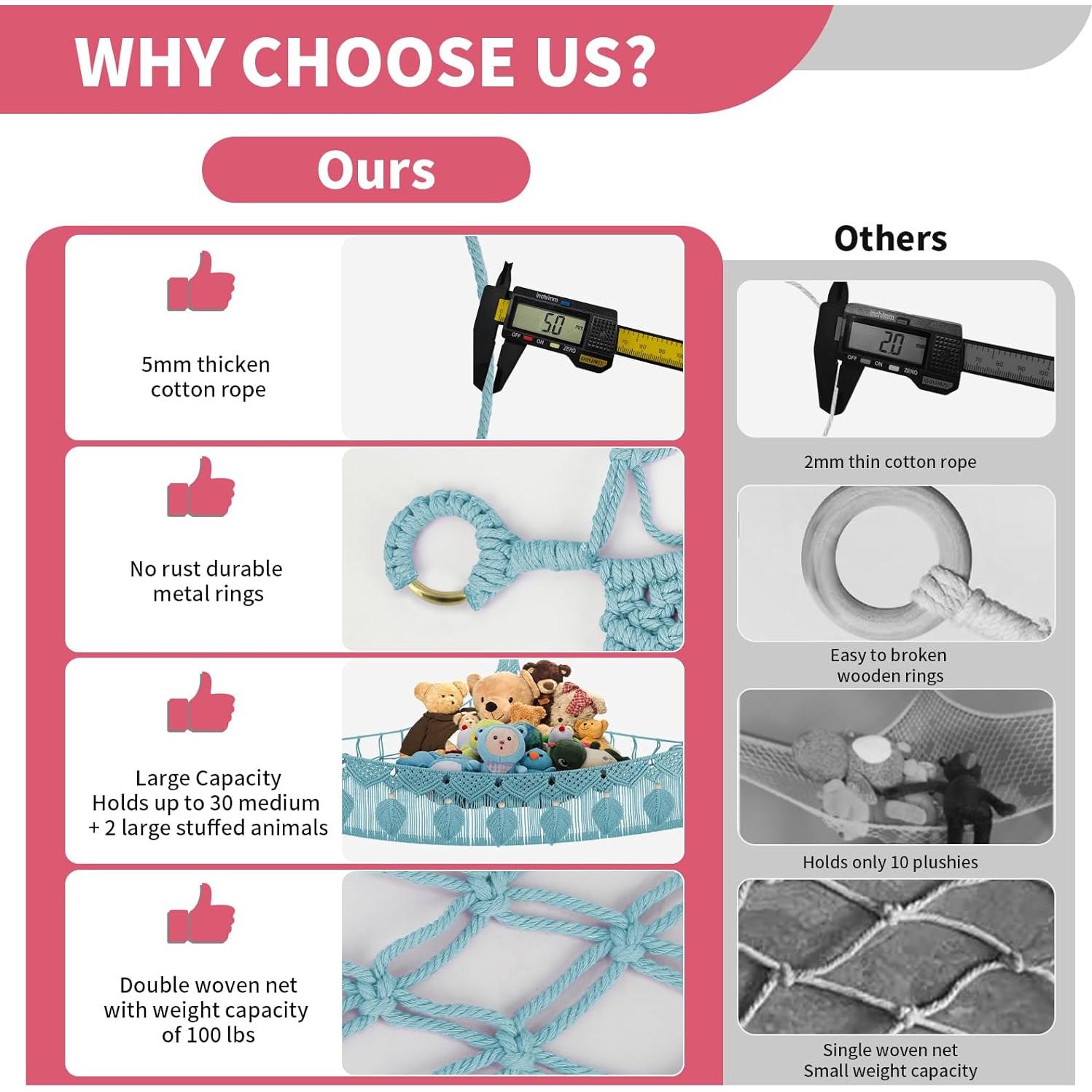 Stuffed Animal Hammock Corner - 56'' Jumbo Handcrafted 5mm Double Macrame Cord Stuffed Animal Storage Net - 100% Natural Cotton Toy Hammock Holder - Turquoise Stuffy Plushie Net w/LED Star Light